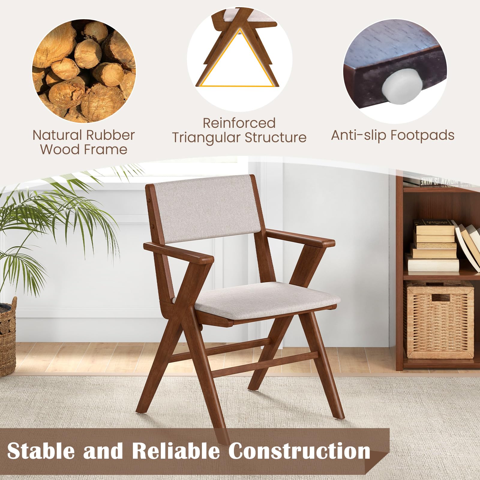 Wooden Dining Chairs Set of 2/4 w/Armrests, Rubber Wood Frame, Padded Seat & Back