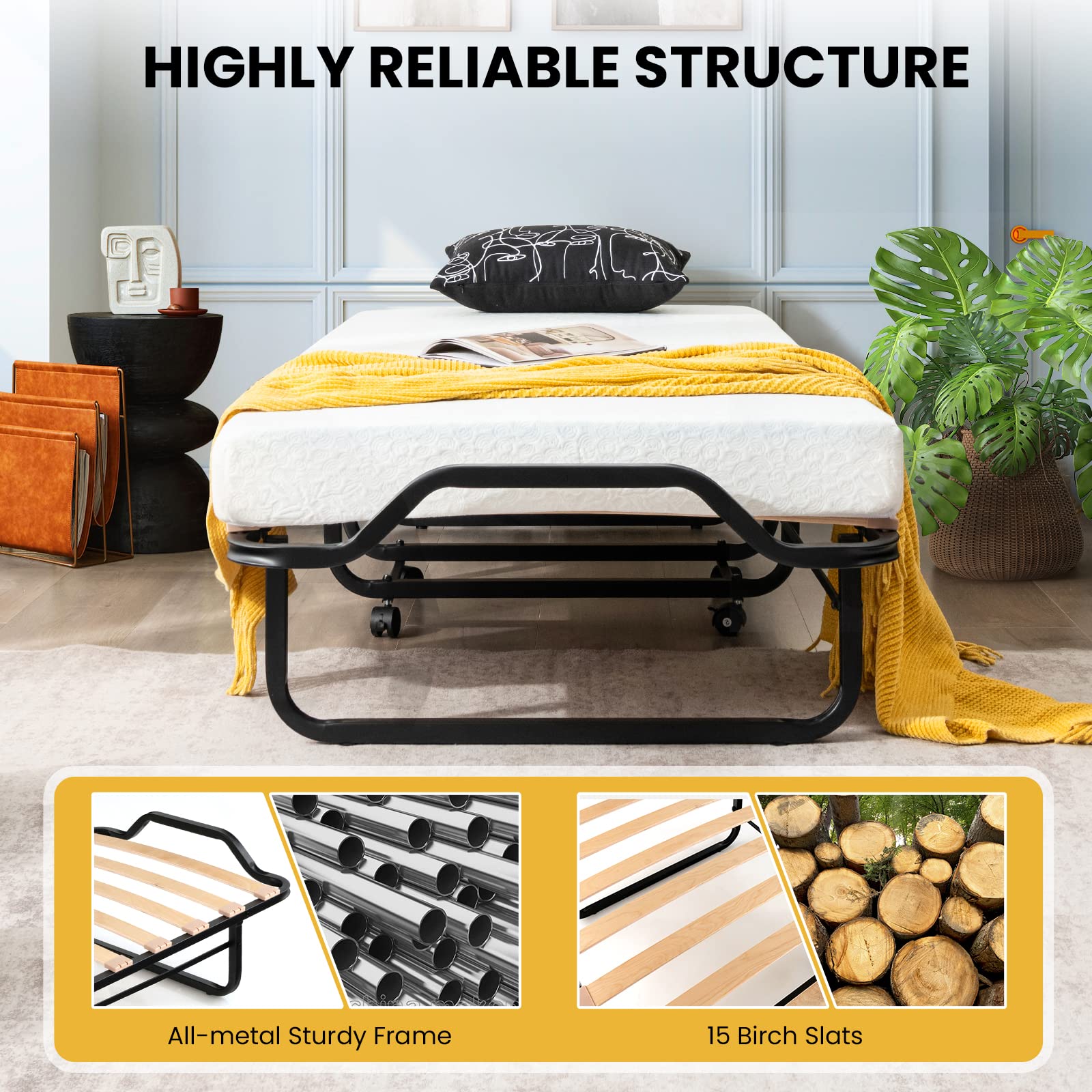 Folding Bed with 4 Inch Memory Foam Mattress & Solid Wood Slats