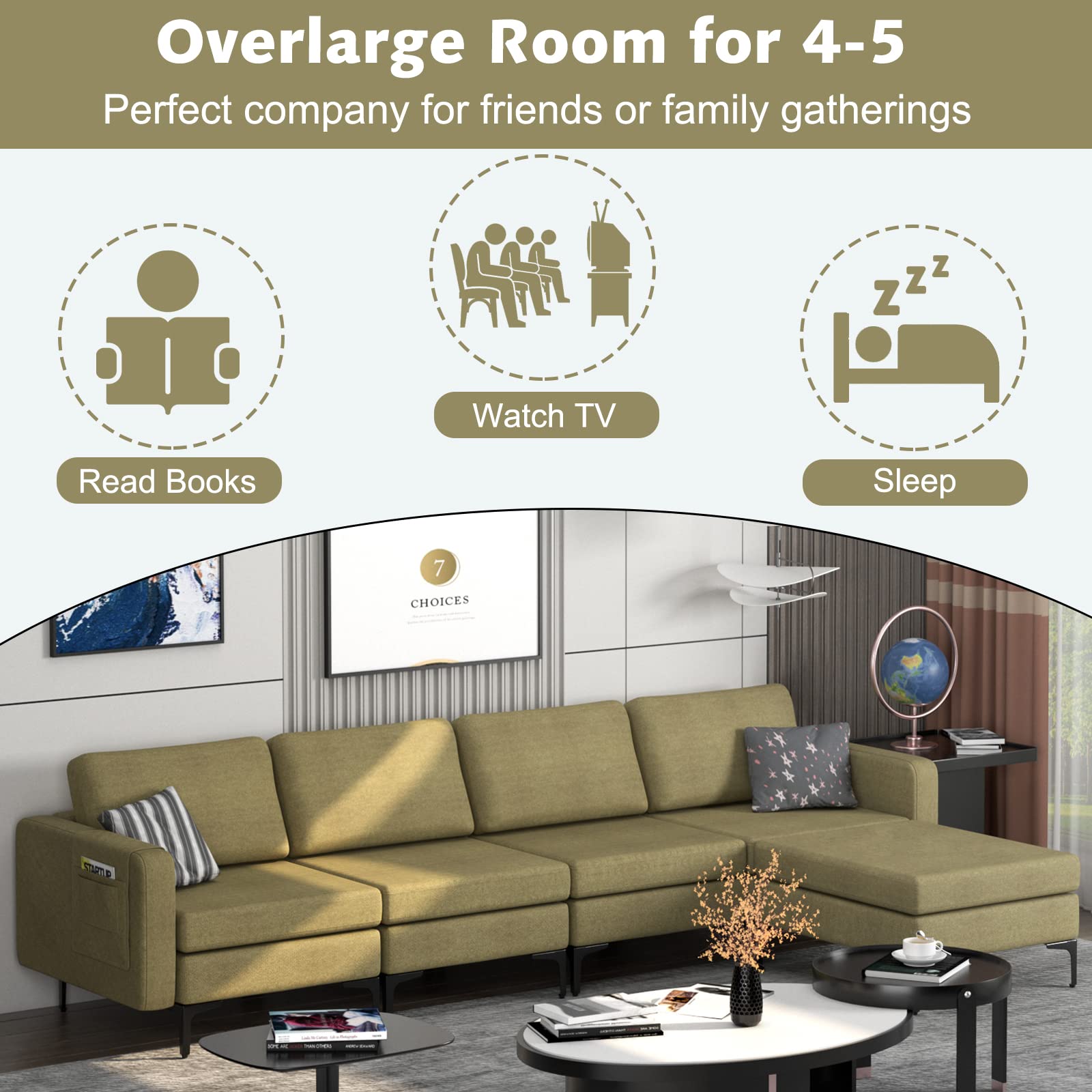 4 Seat Convertible L-Shaped Sofa Couch, 123 Inch Sectional Sleeper with 2 USB Ports Socket