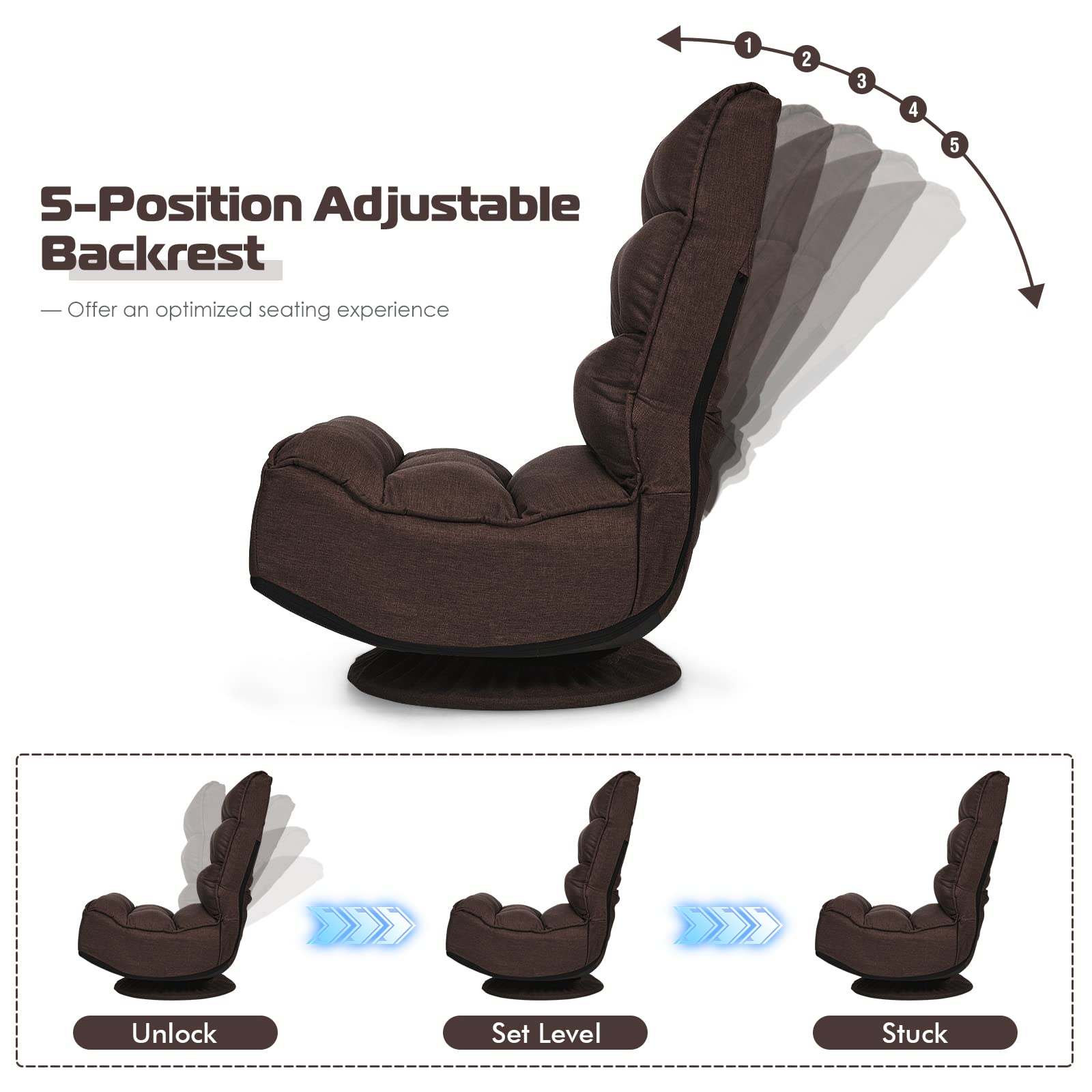 360 Degree Swivel Gaming Chair, 6 Position Adjustable Folding Floor Chair