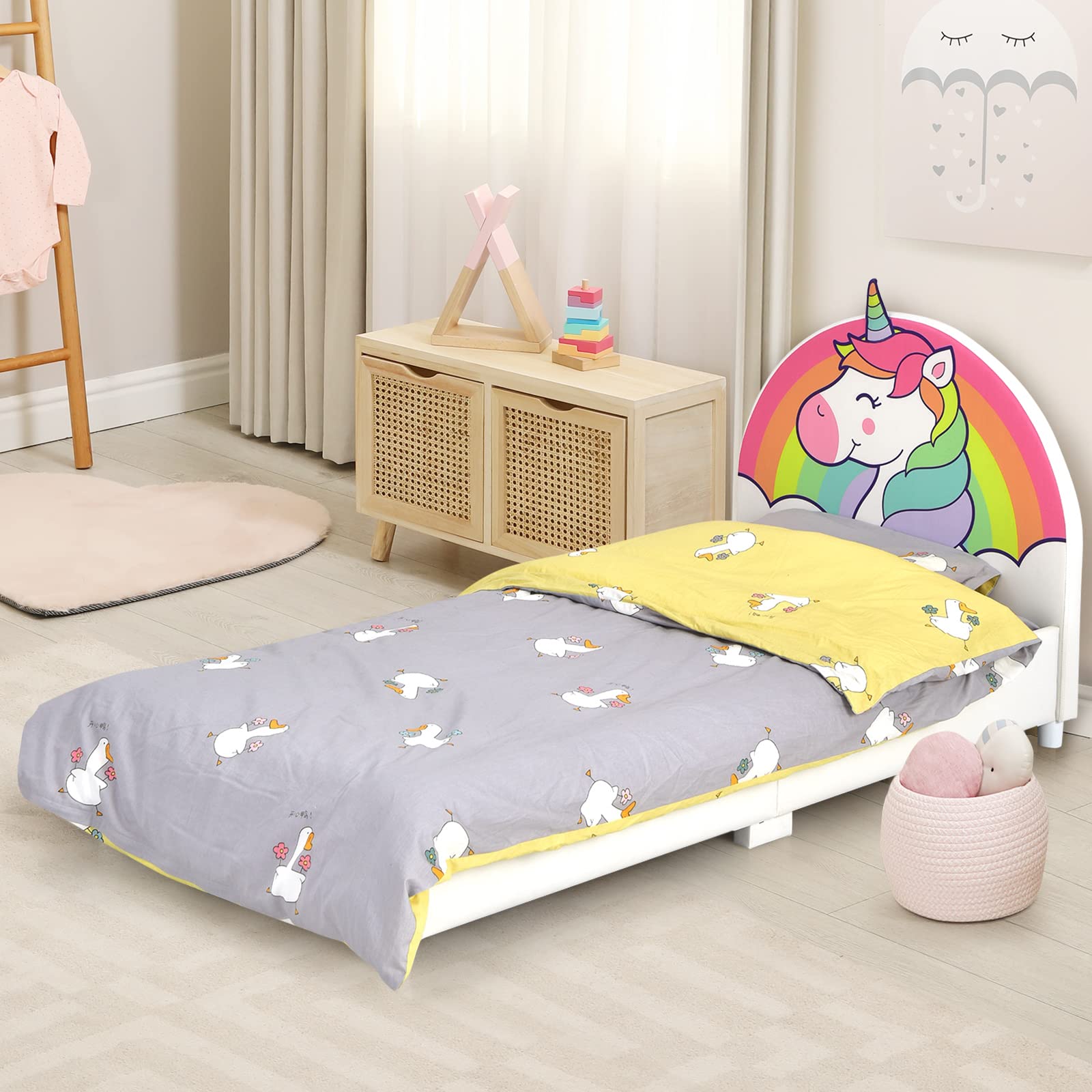 Kids Bed, Toddler Upholstered Platform Floor Bed w/Headboard & Wooden Slat Base