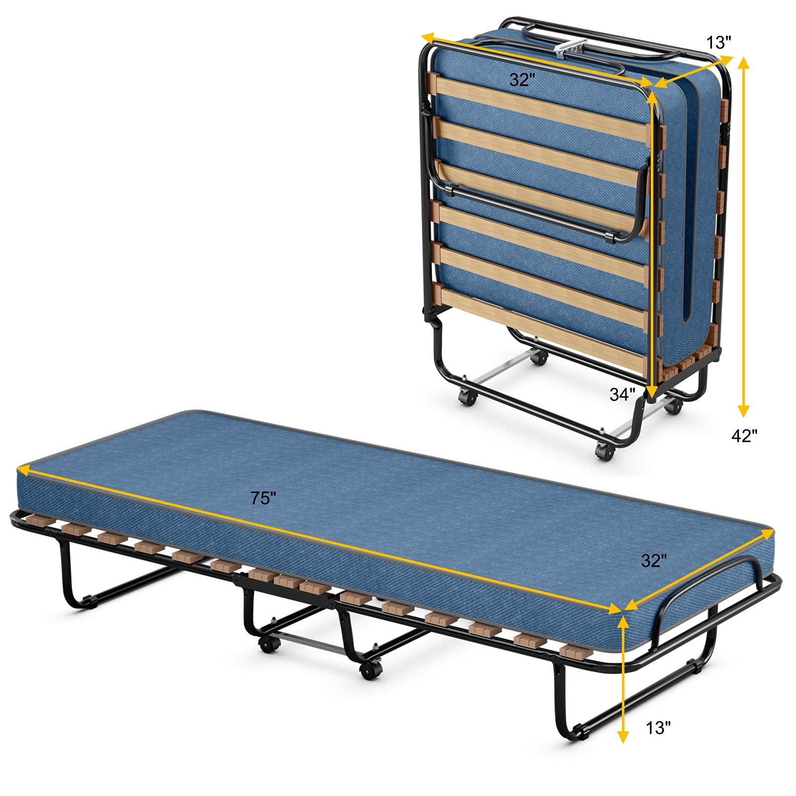 Folding Bed with Mattress for Adults, Rollaway Guest Beds w/Memory Foam Mattress & Metal Frame