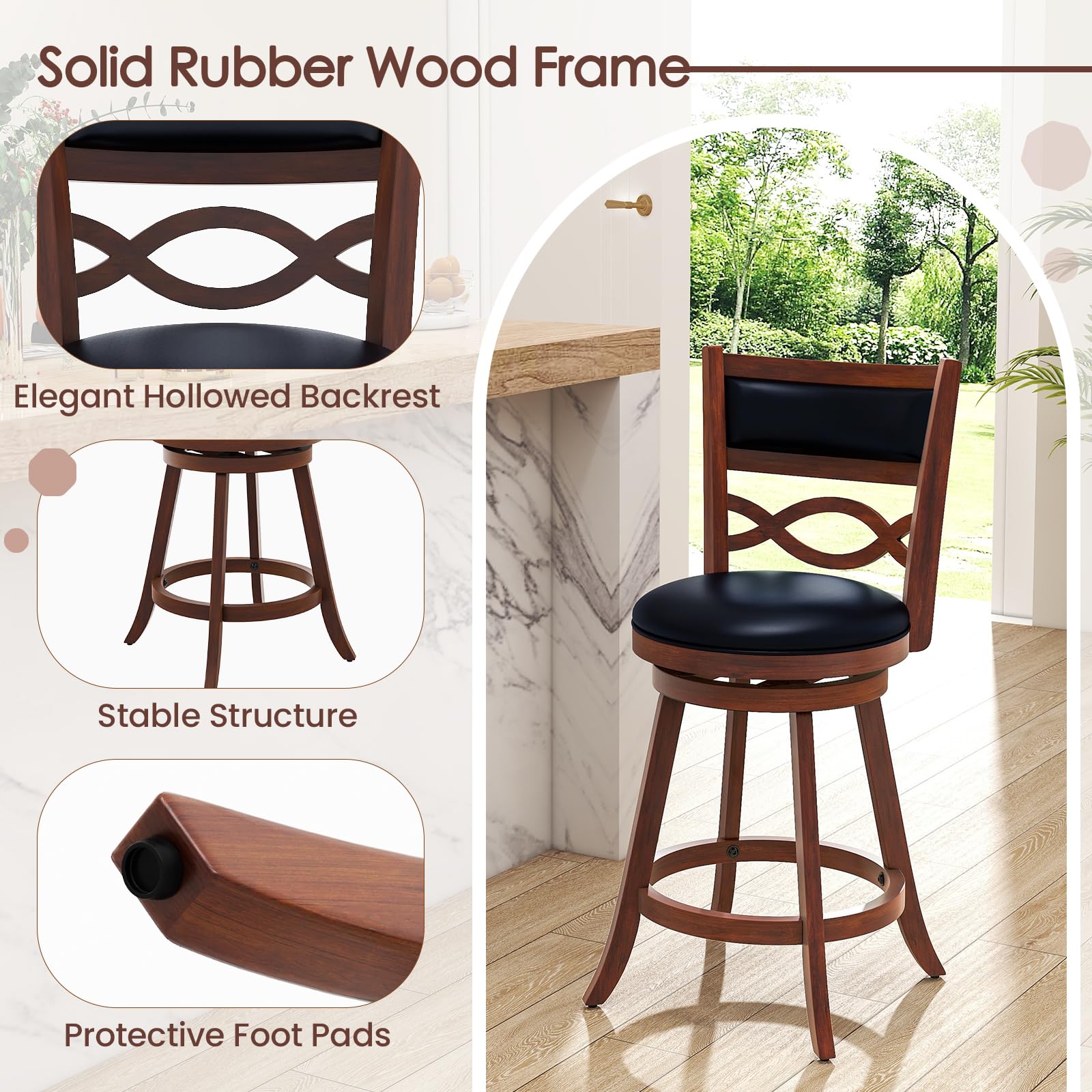 Bar Stools Set of 2/4, 24.5&rdquo; Counter Height Stools with Rubber Wood Frame, Faux Leather Upholstered Seat and Backrest