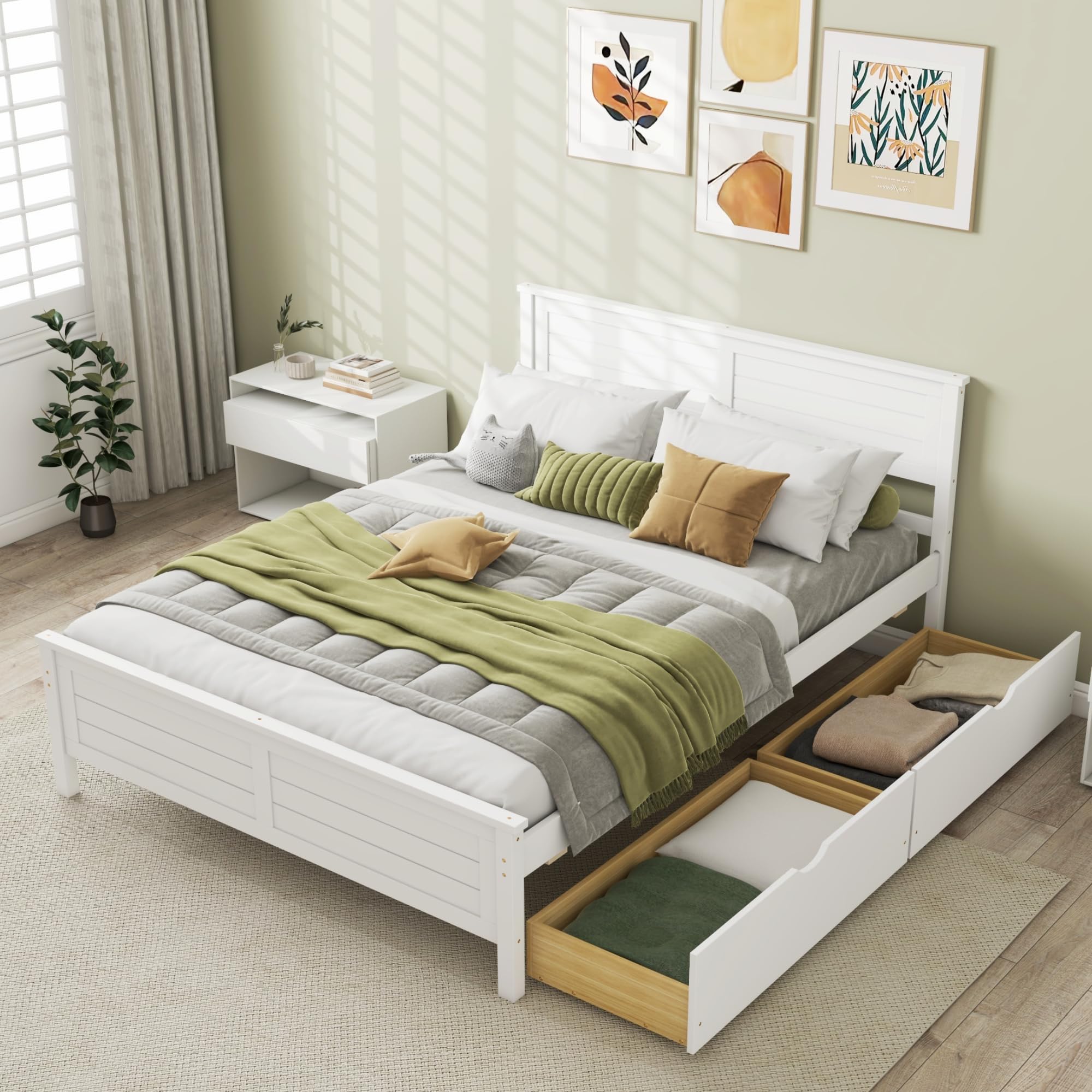 Wood Bed Frame with 2 Storage Drawers