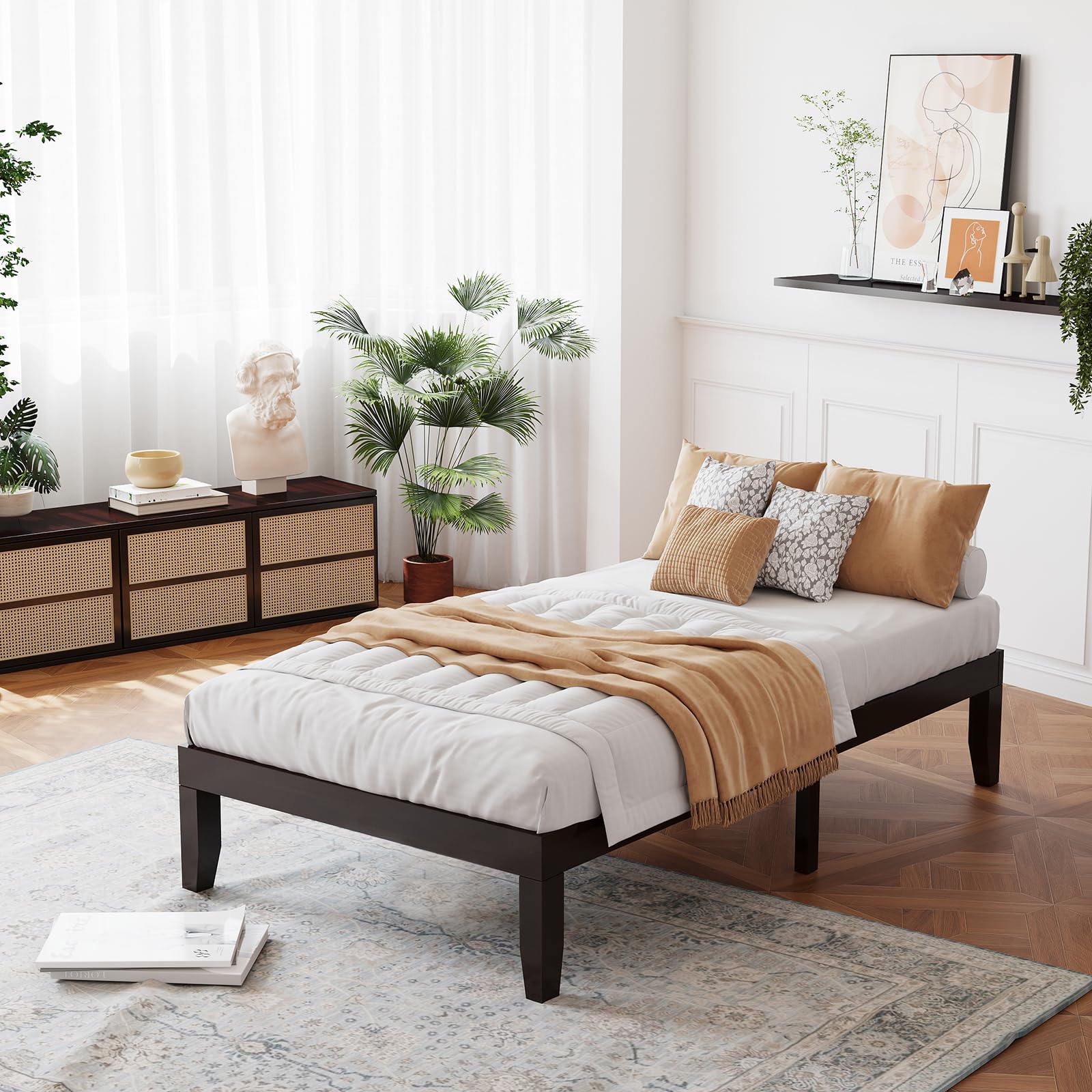 14 Inches Wood Platform Bed Frame, Solid Wood Mattress Foundation with Rubber Wood Frame