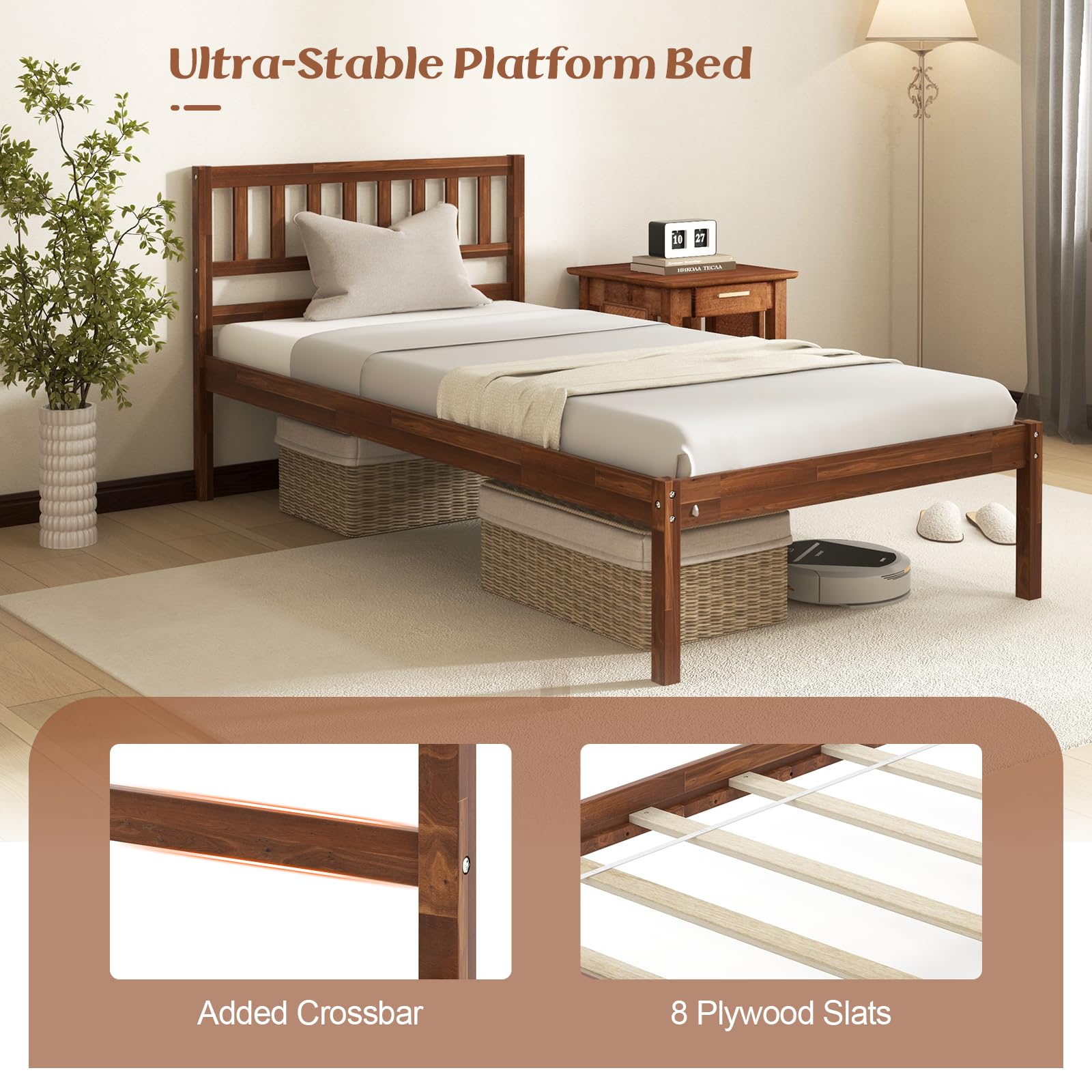Wood Platform Bed Frame with Headboard