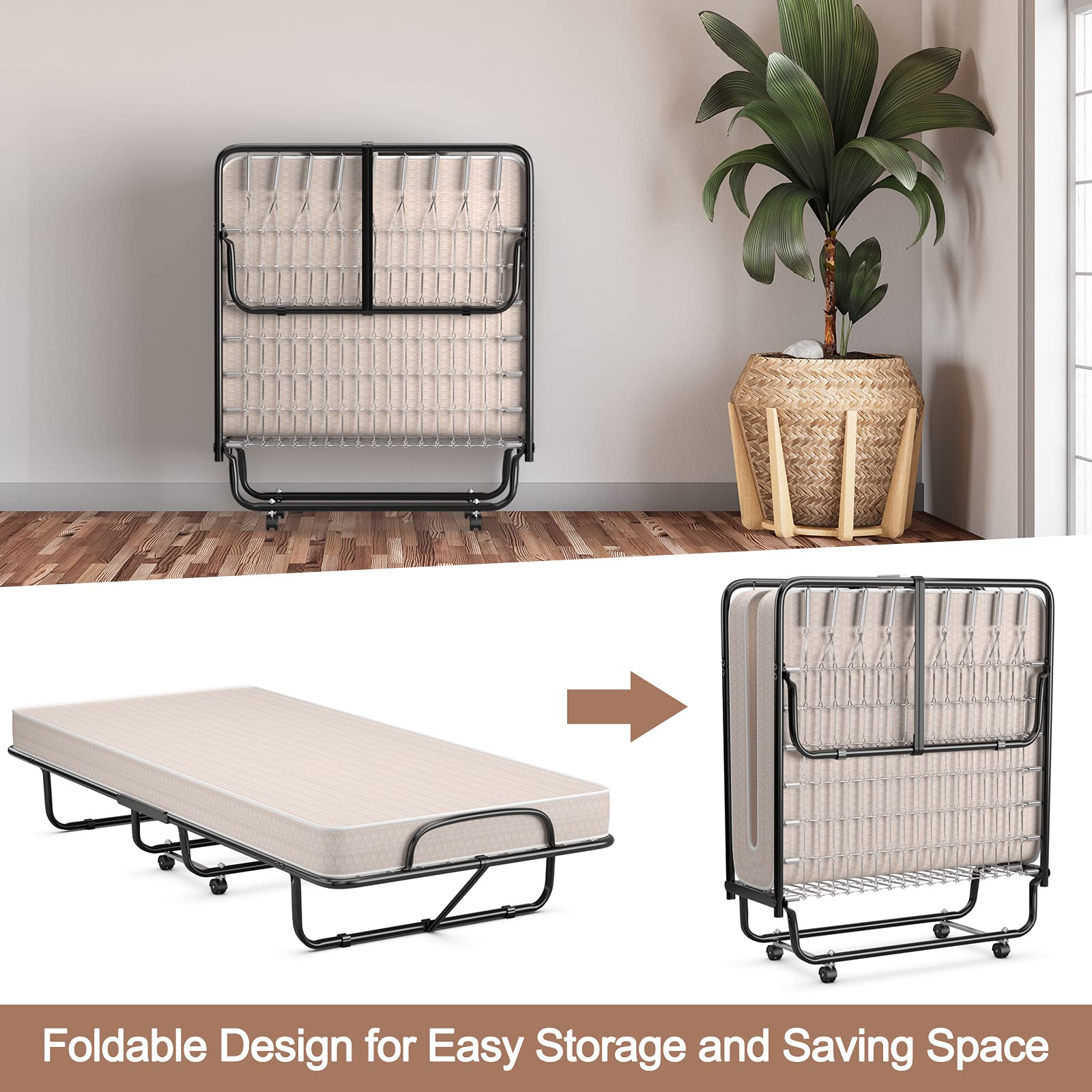 Folding Guest Bed with Mattress,  Twin Size Portable Rollaway Bed 5-Inch Memory Foam Mattress