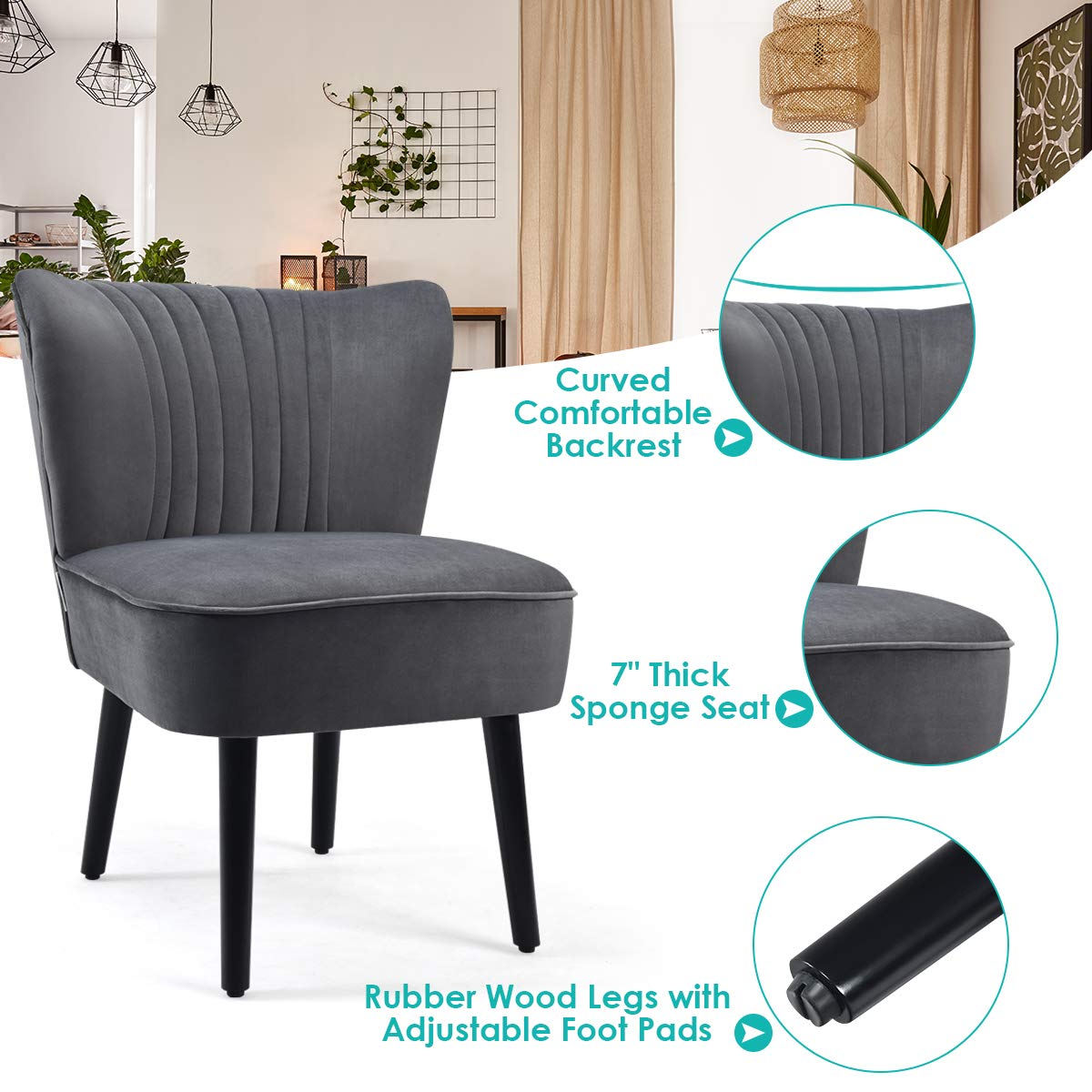 Set of 2 Upholstered Modern Leisure Velvet Accent Chair w/ Adjustable Foot Pads