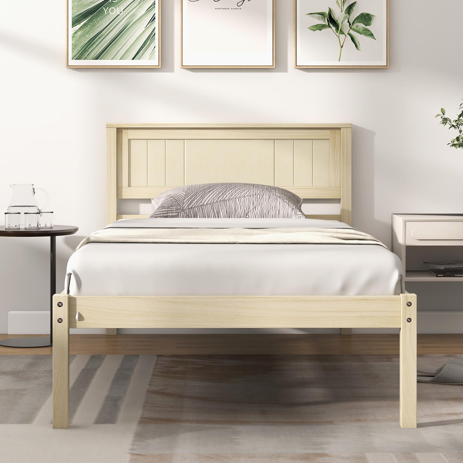 Wooden Platform Bed Frame with Headboard & Wood Slat Support