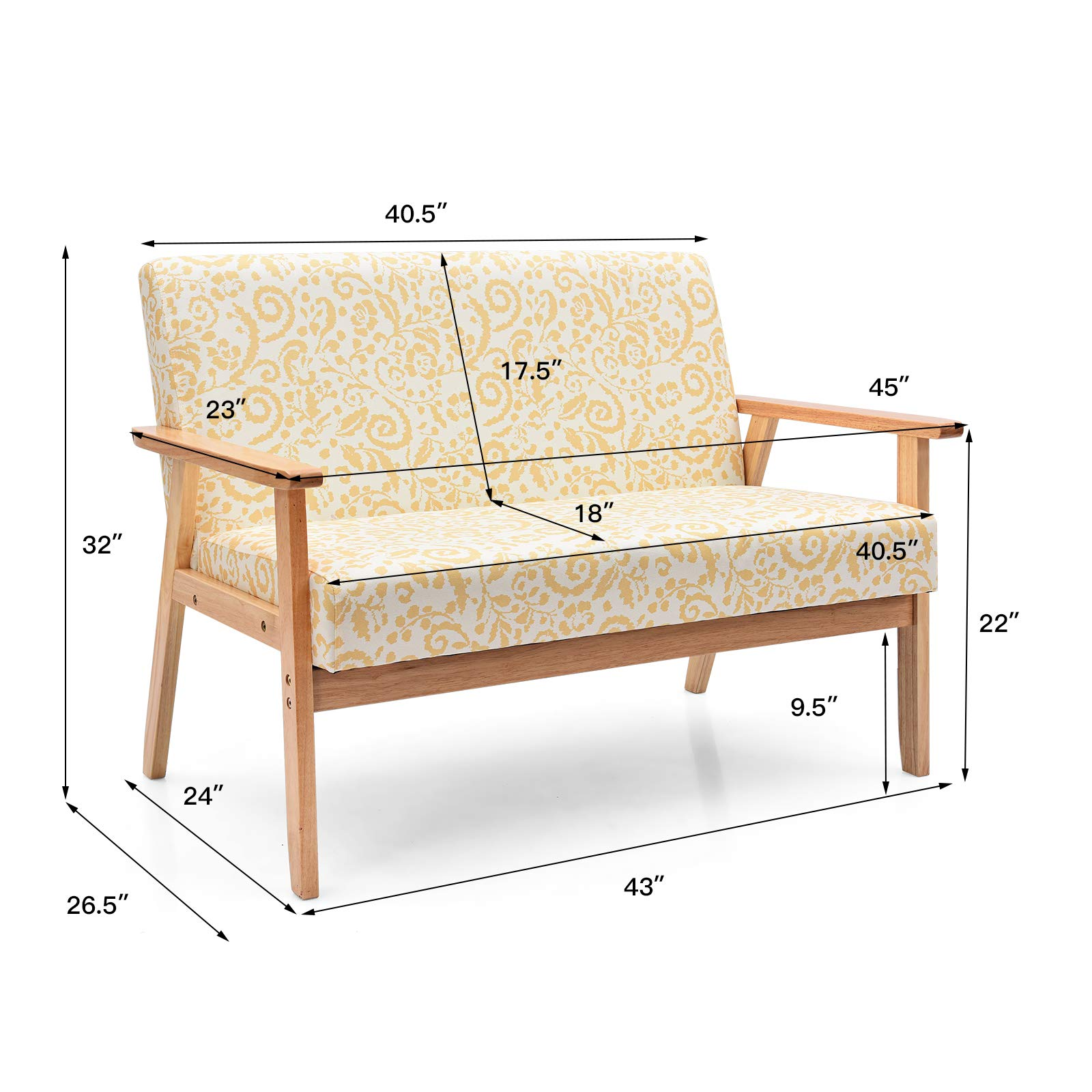 2-Seat Mid-Century Upholstered Wooden Loveseat w/Rubber Wood