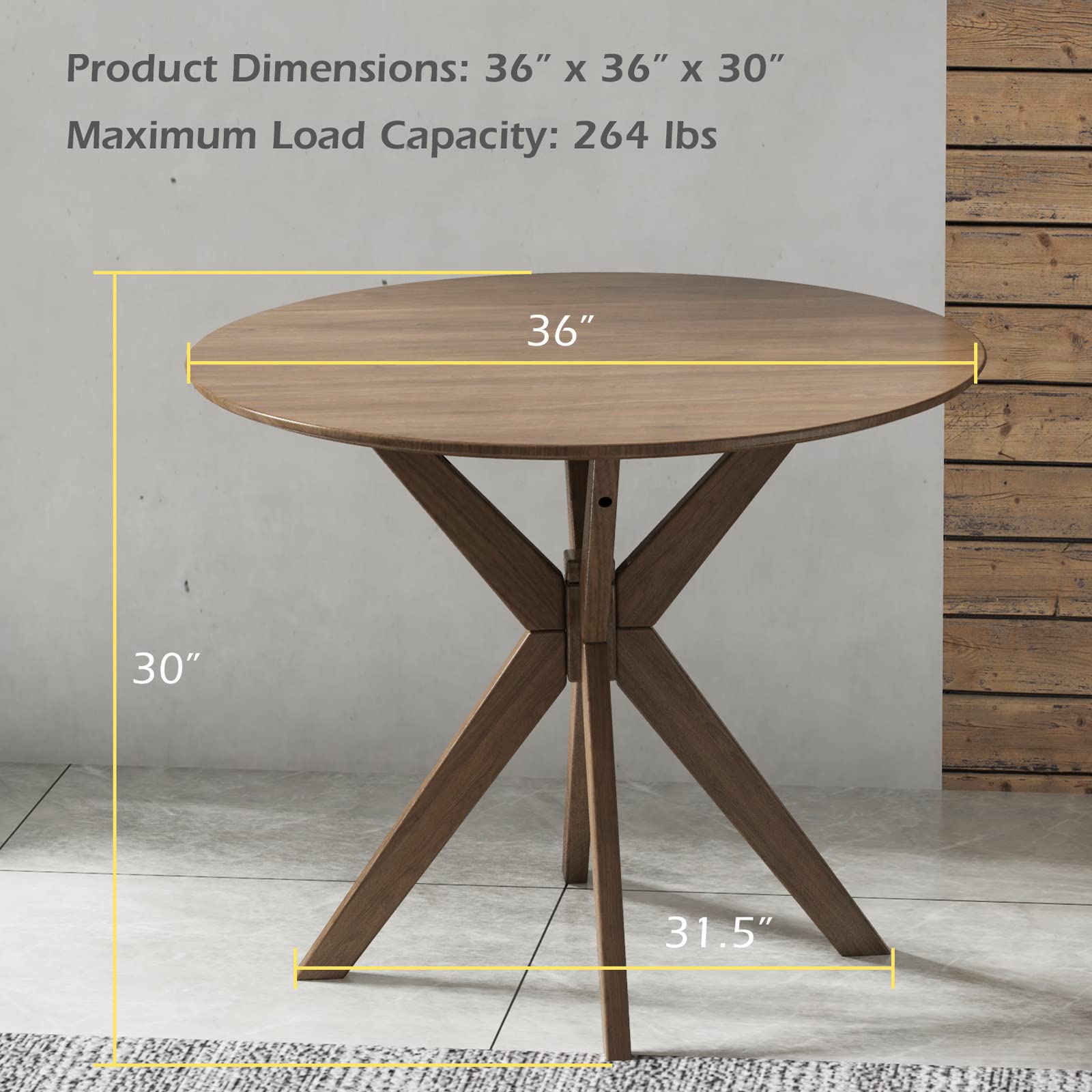 36" Round Dining Table, Solid Wood Kitchen Table with Intersecting Pedestal Base and Adjustable Foot Pads