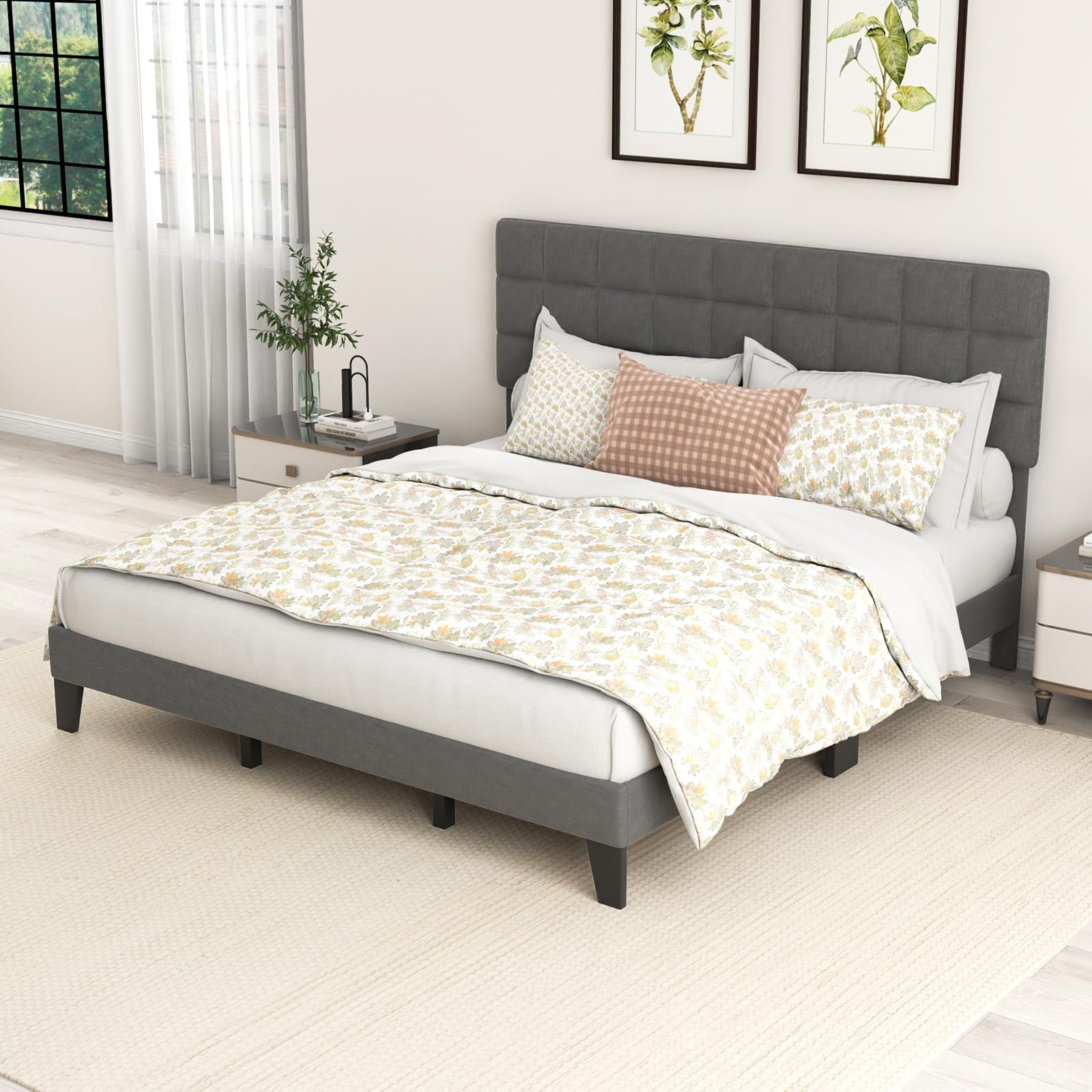 Linen Fabric Upholstered Bed Frame with Adjustable Headboard & Wooden Slat Support