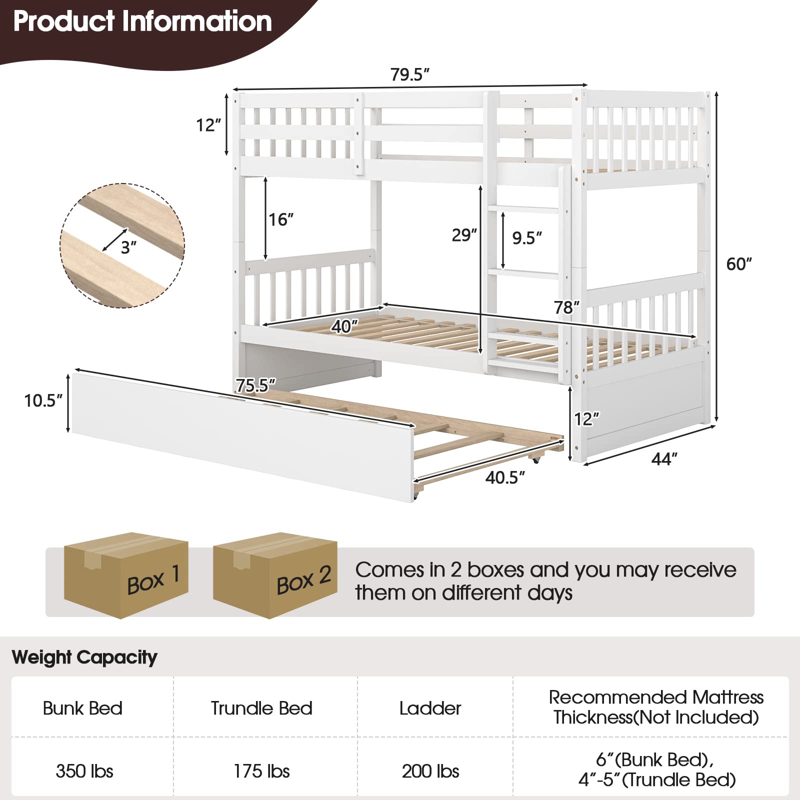 Twin Over Twin Wood Bunk Bed with Trundle, 2-in-1 Convertible Bunk Bed with Ladder & Solid Wood Frame