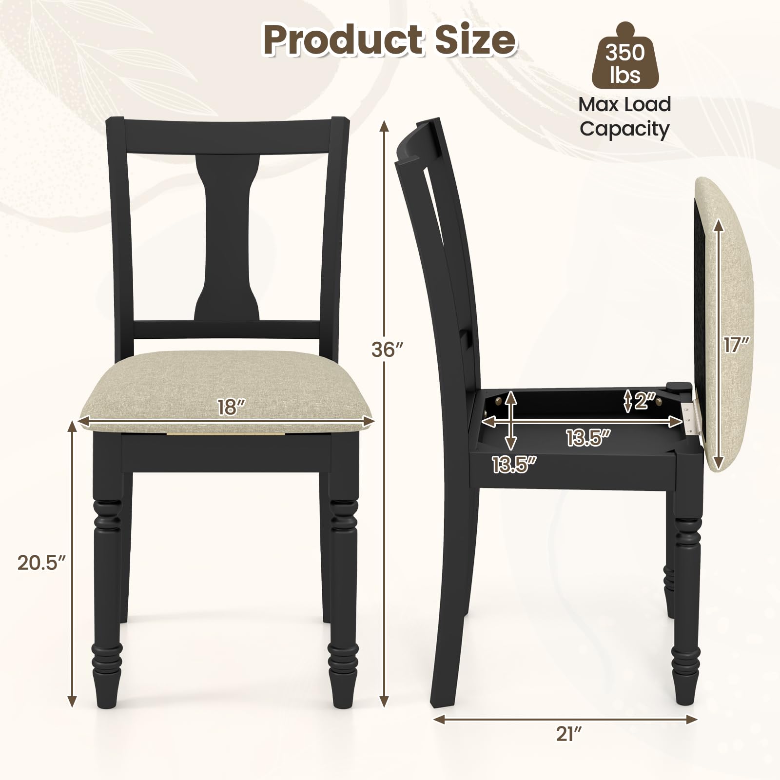 Wood Dining Chairs Set of 2/4 with Flip-up Storage Seat
