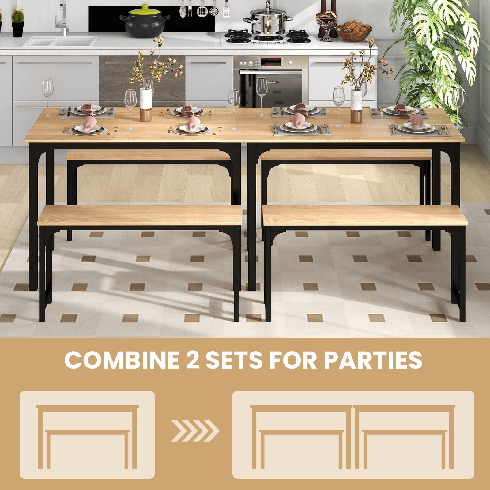 Dining Table Set with 2 Benches, Industrial Kitchen Table & Chairs with Metal Frame