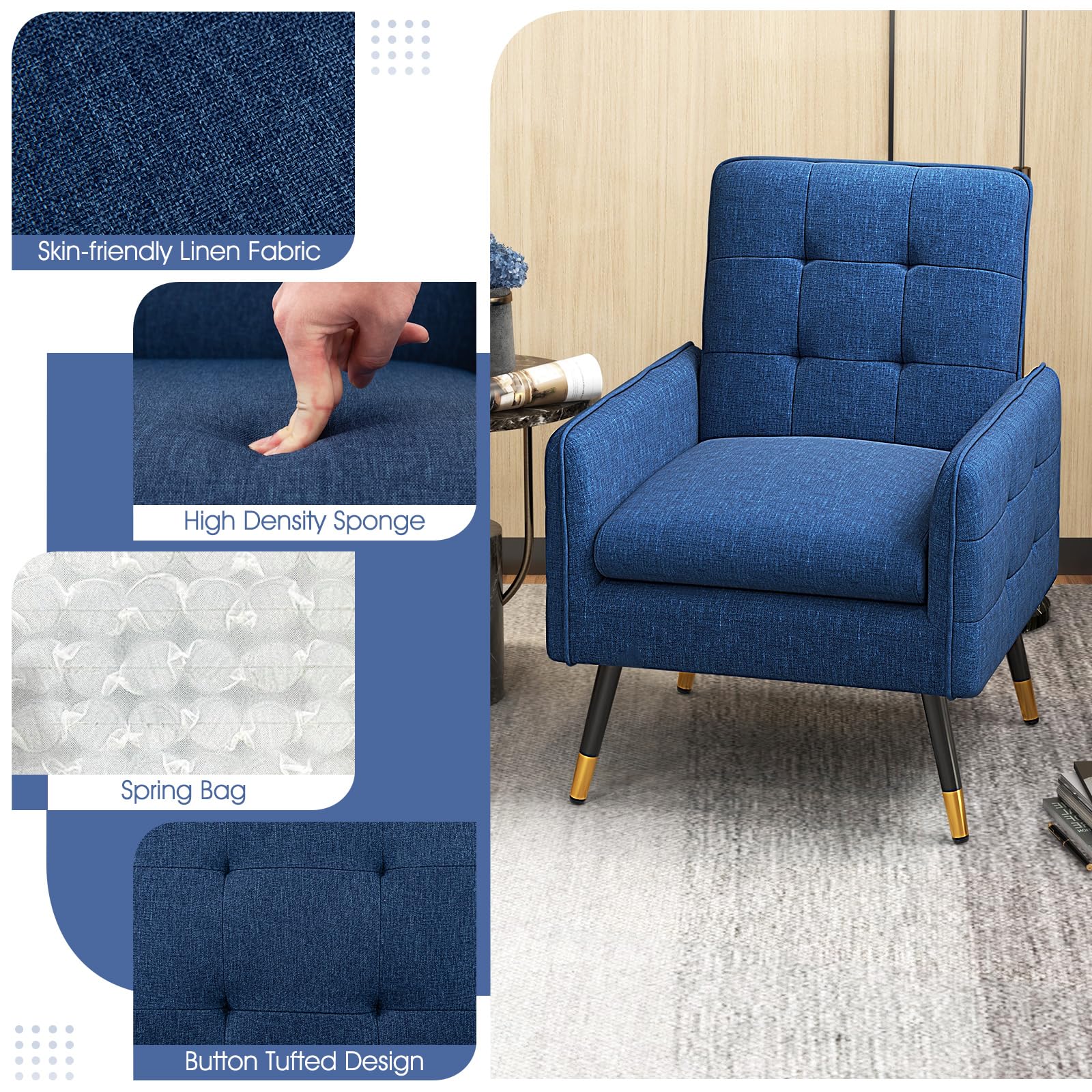Modern Accent Chair, Upholstered Armchair Single Sofa Chair with Metal Legs & Adjustable Foot Pads
