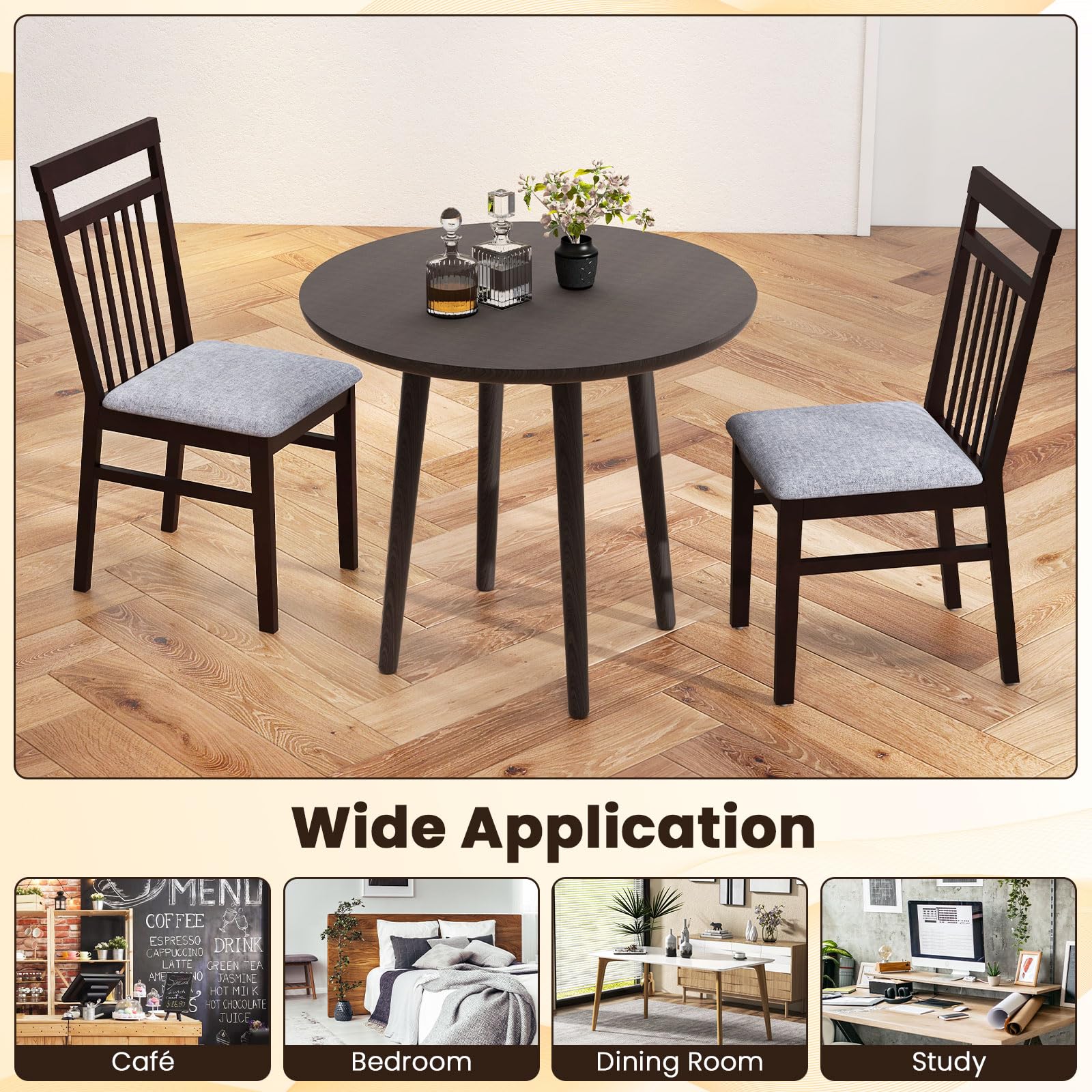 Armless Wood Dining Chairs Set of 2/4 with Cushion Seat,  Solid Rubber Wood Frame
