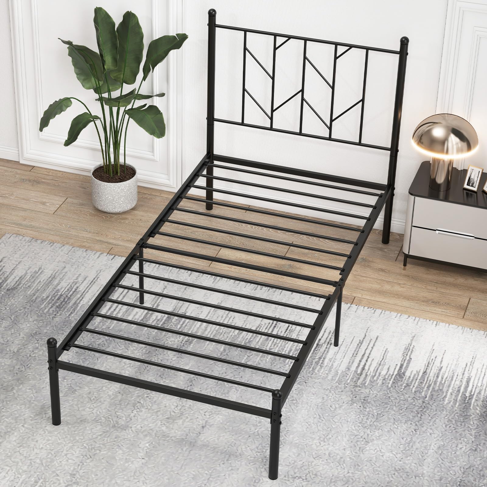 Metal Bed Frame with Victorian Style Headboard, 14 Metal Slats Support