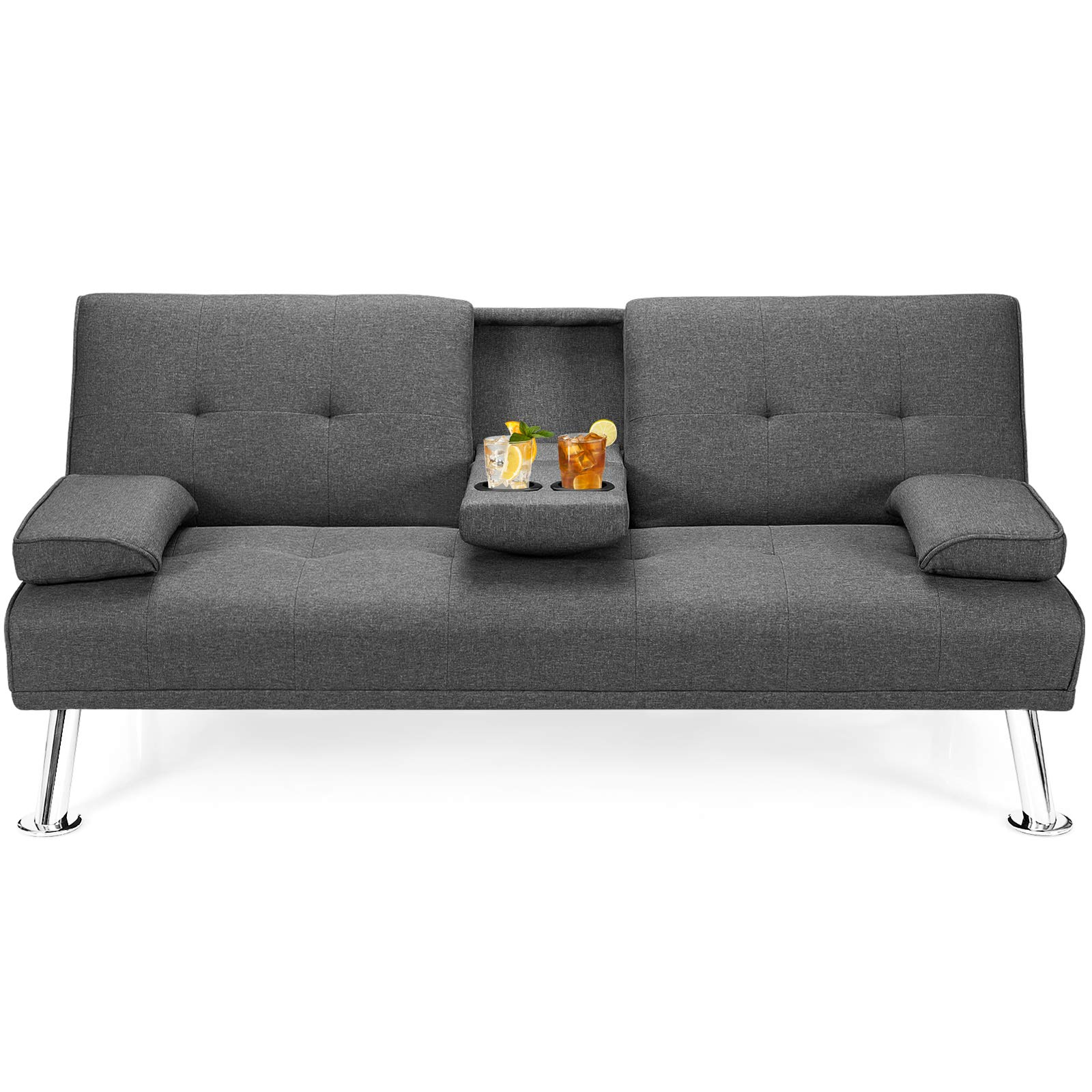 Convertible Futon Sofa Bed with Adjustable Backrest & Removable Armrests, 2 Cup Holders
