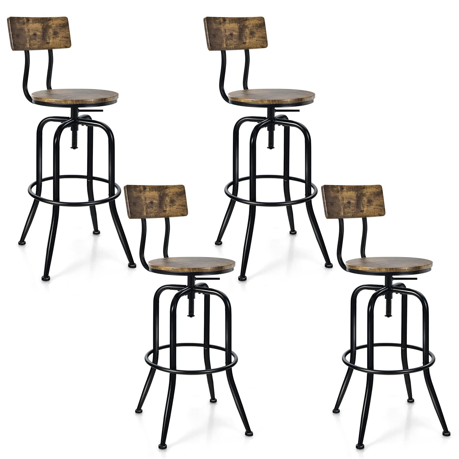 Bar Stools Set of 2/4, Industrial Counter Height Bar Chairs with Height Adjustable Seat, Arc-shaped Backrest & Footrest