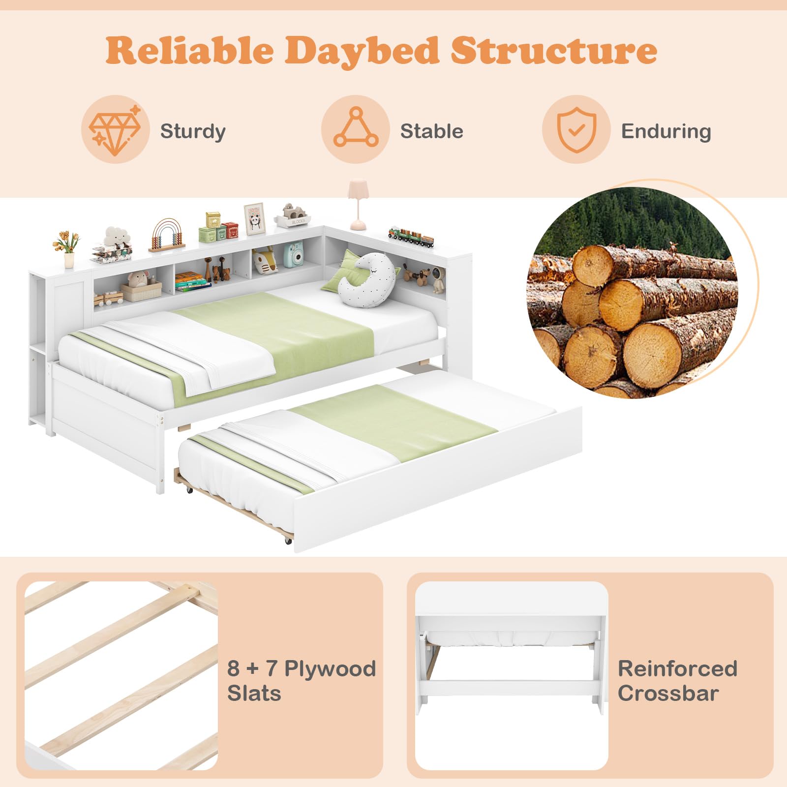Twin Wood Daybed with Trundle, Storage Headboard, Reversible Bookcase, Bedside Shelves & Wooden Slats