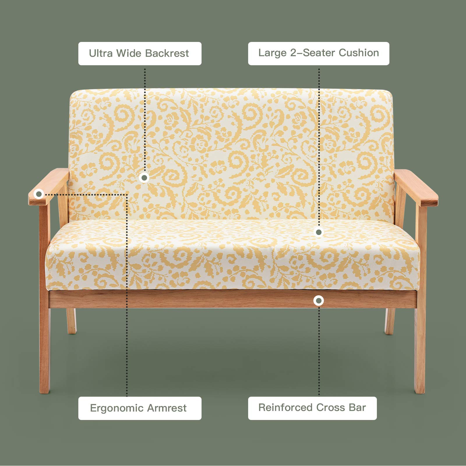 2-Seat Mid-Century Upholstered Wooden Loveseat w/Rubber Wood