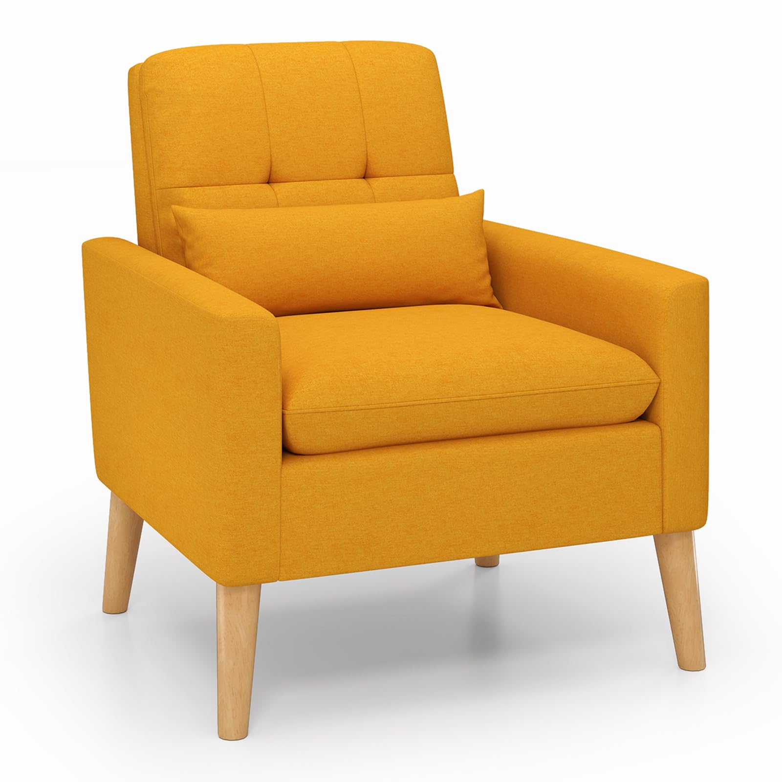 Modern Linen Accent Chair, Upholstered Tufted Armchair with Lumbar Pillow, Rubber Wood Legs, Padded Cushion
