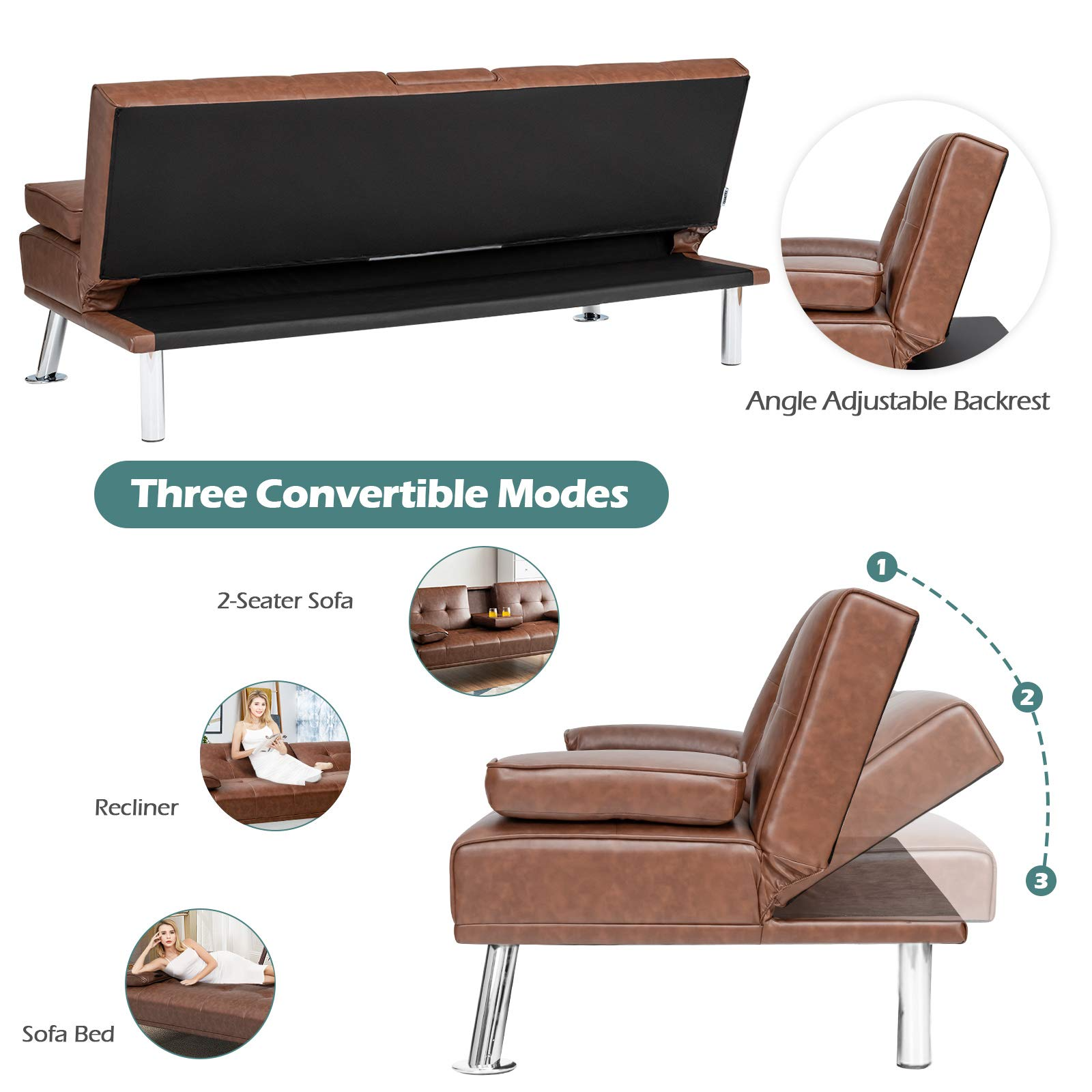 Leather Convertible Futon Sofa Bed with Removable Armrests and 2 Cup Holders
