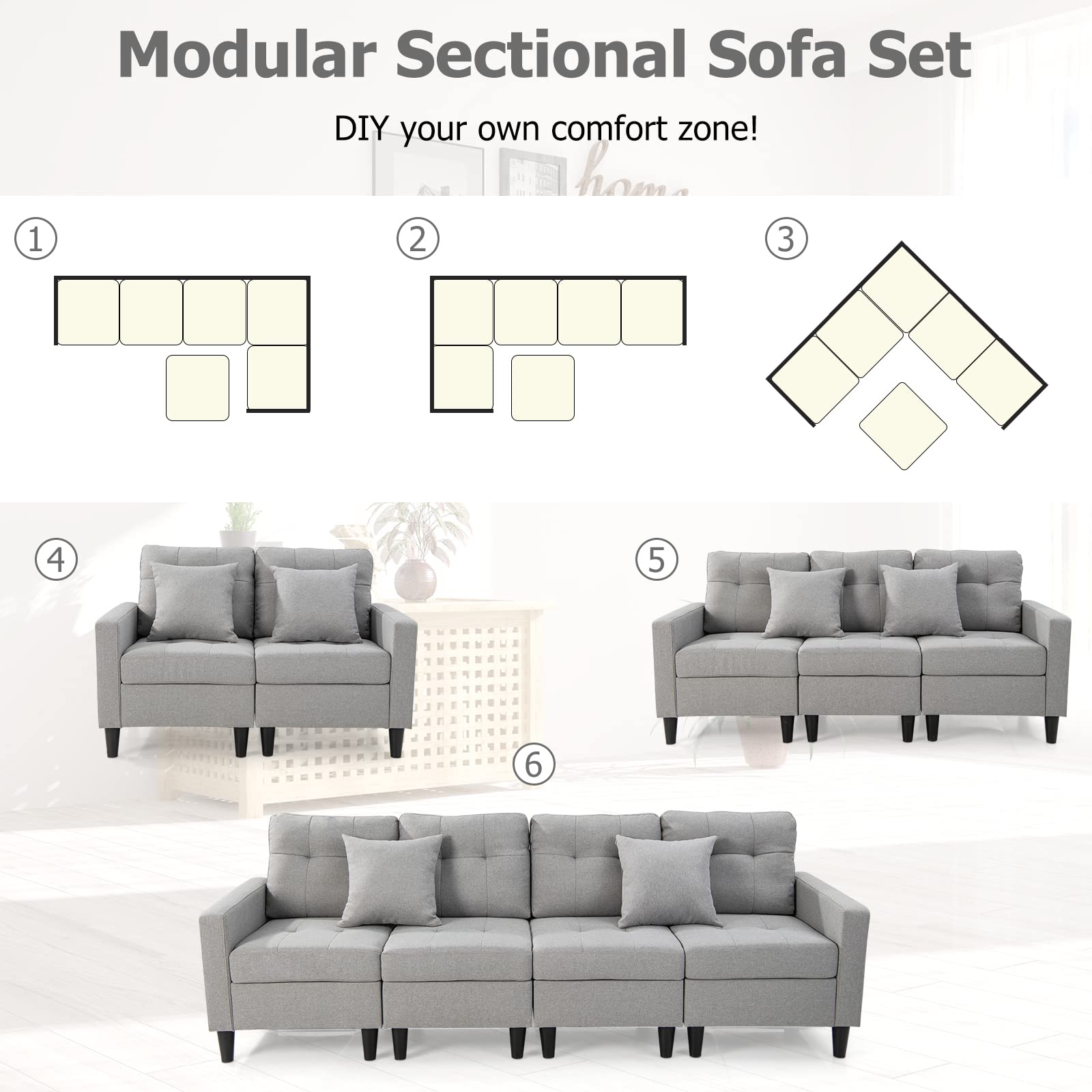 Modular Sectional Sofa Couch, Reversible L-Shaped Corner Sofa Set with Ottoman