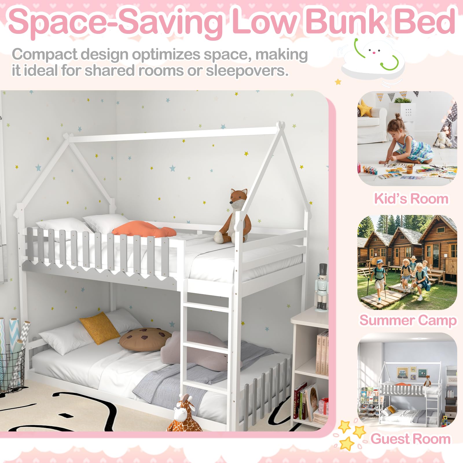 Wood Twin Over Twin House Bunk Bed, Solid Wood Low Bunk Bed with Ladder, Safety Guardrails & Fences