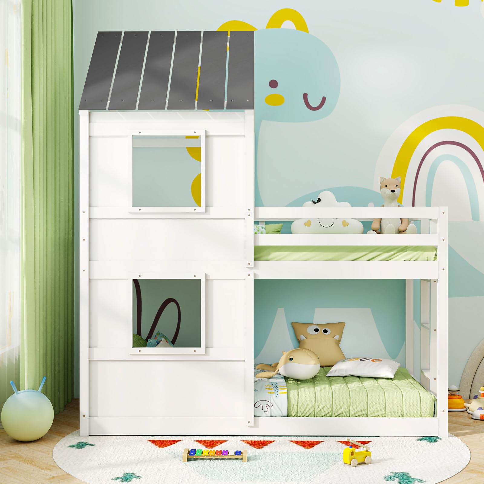 Twin Over Twin Wood Floor Bunk Bed with Built in Ladder, Window & Safety Guardrail