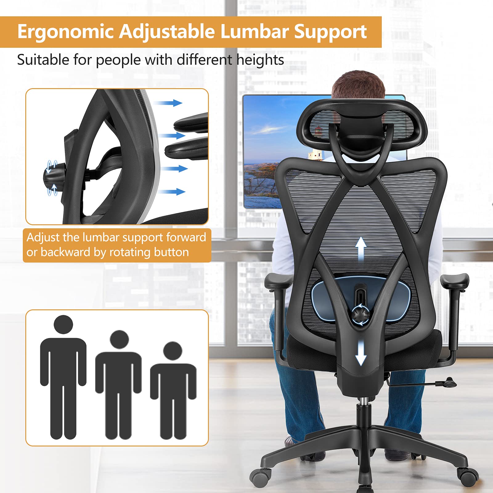 Ergonomic Office Chair with Adjustable Lumbar Support, Armrests and Headrest