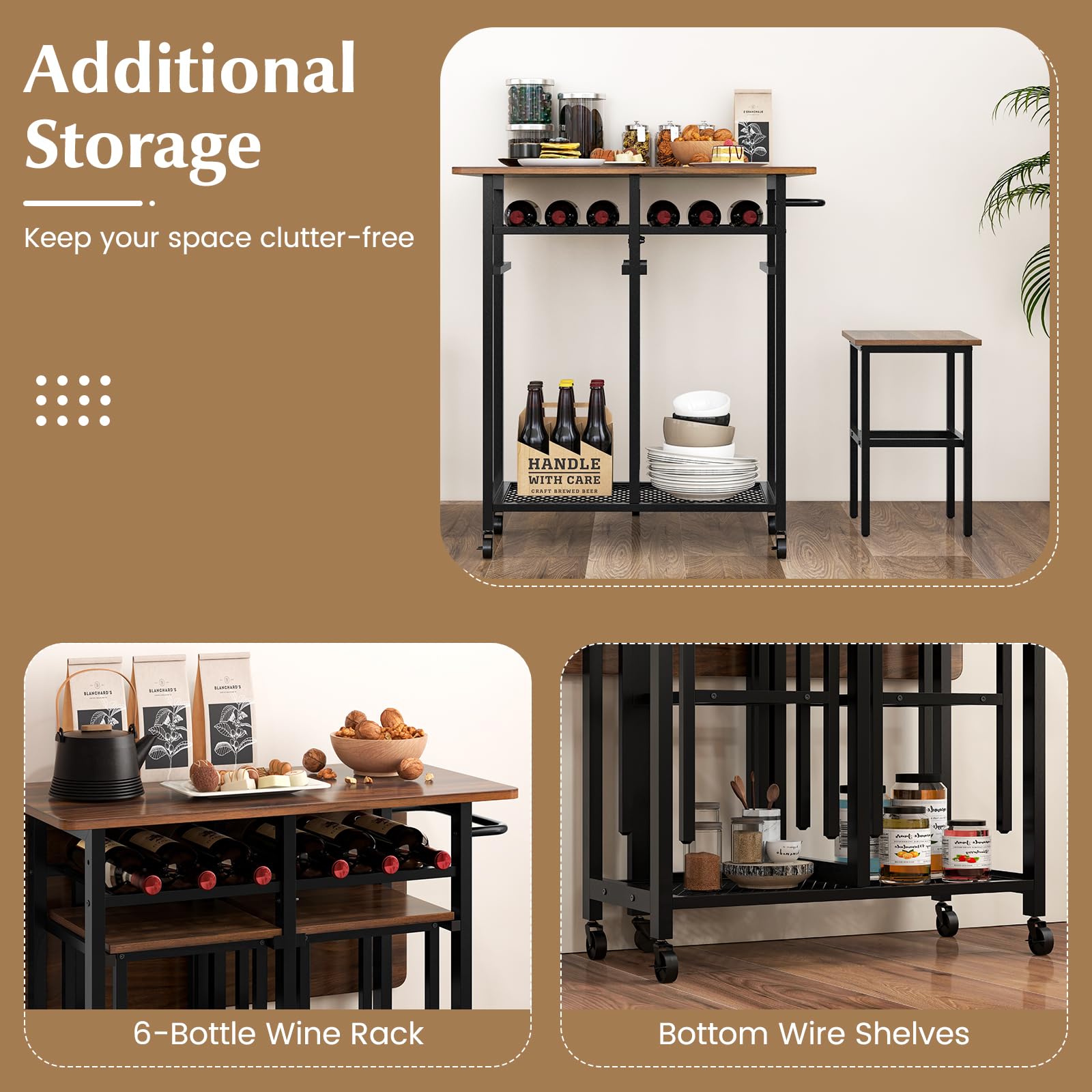 3 Piece Foldable Dining Table Set, Extendable Dining Table & 2 Stools Set w/ 6-Bottle Wine Rack, Shelves & Side Pushing Handle