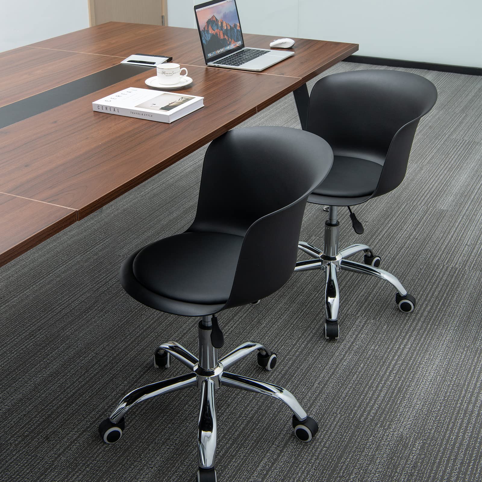 Home Office Desk Chair Set of 2/4, Armless Plastic Swivel Rolling Task Chair w/Soft PU Leather Cushion & Universal Casters