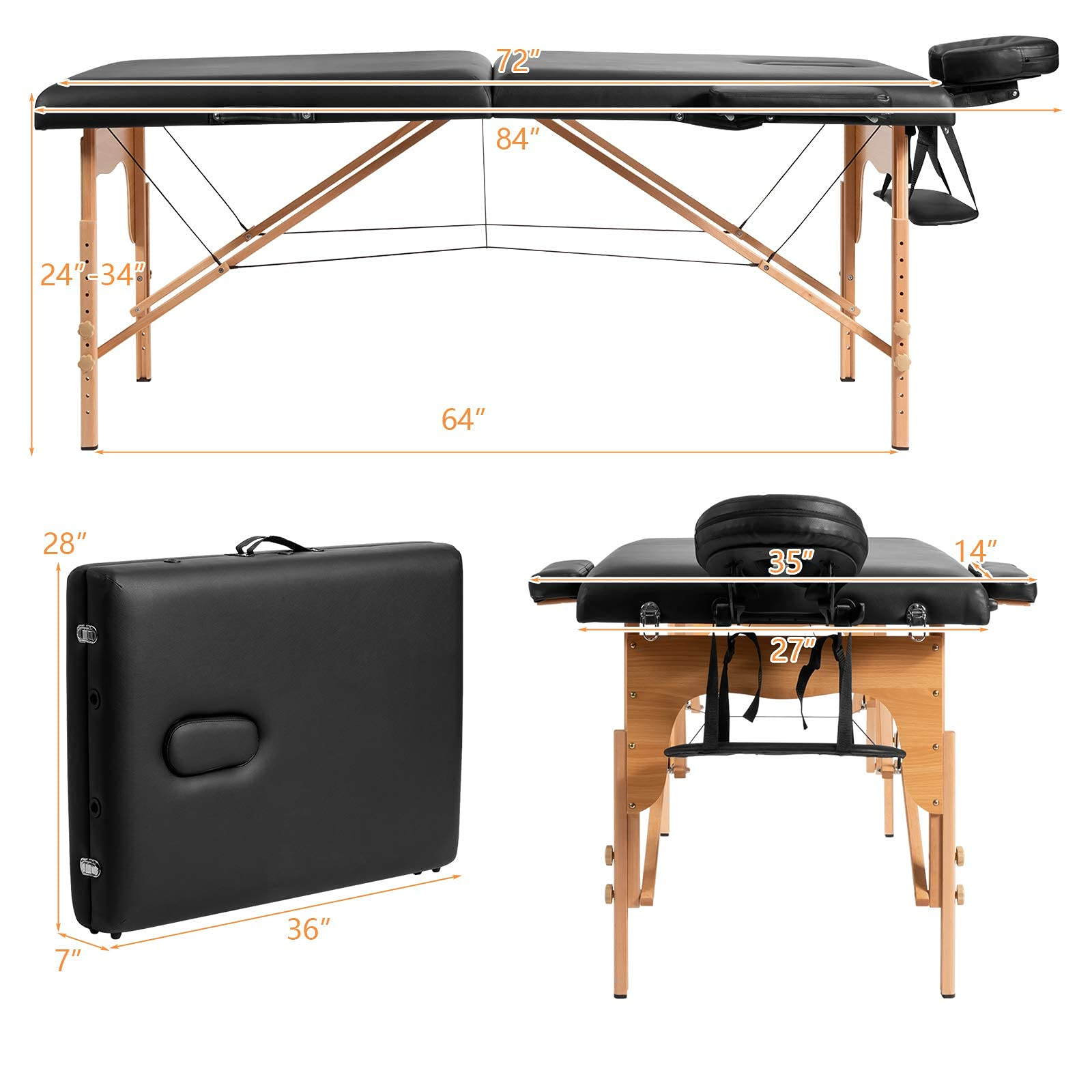 84'' Professional Massage Bed 2 Fold with Head-& Armrest Free Carry Case