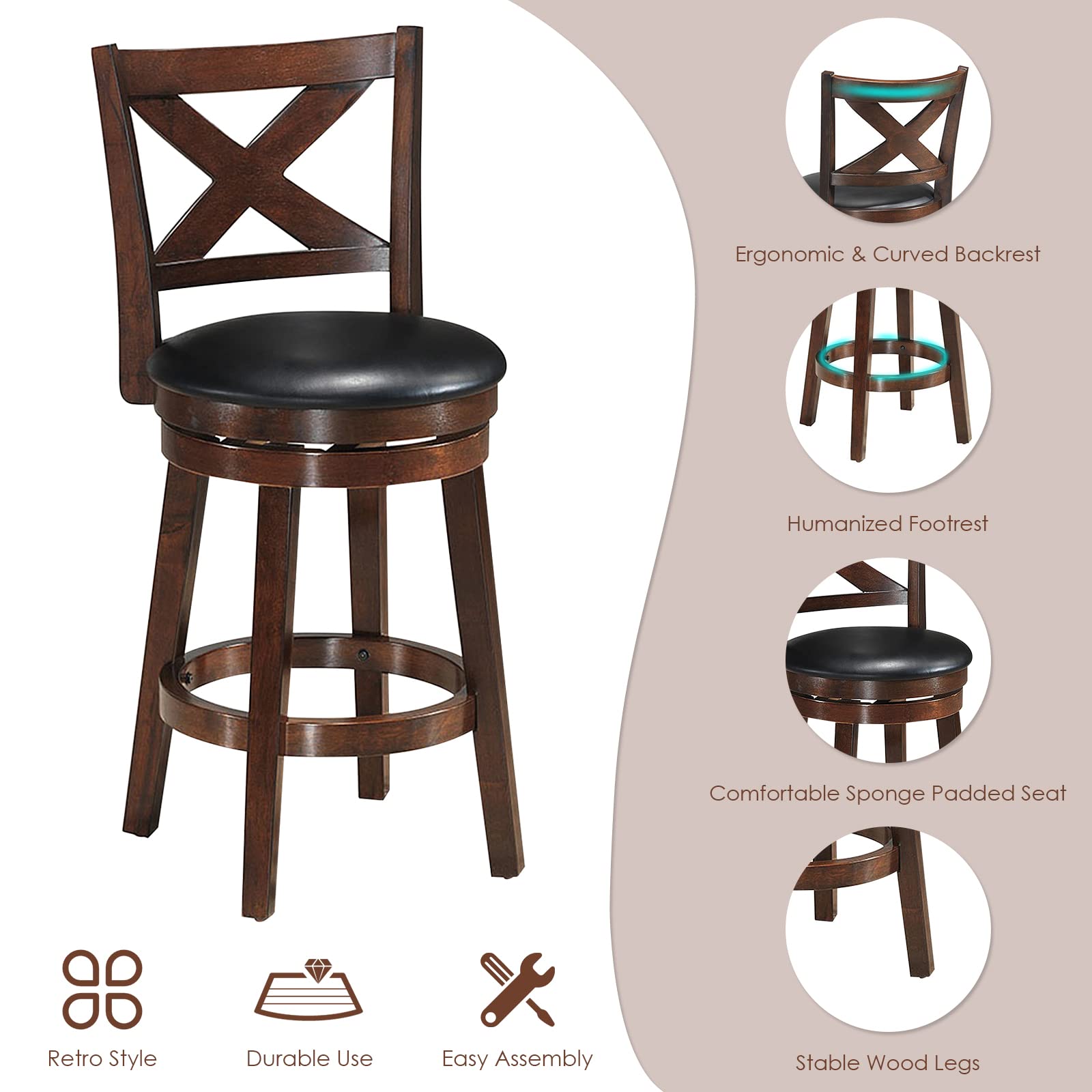 Bar Stools, Counter Height Dining Chair, Fabric Upholstered 360 Degree Swivel, PVC Cushioned Seat