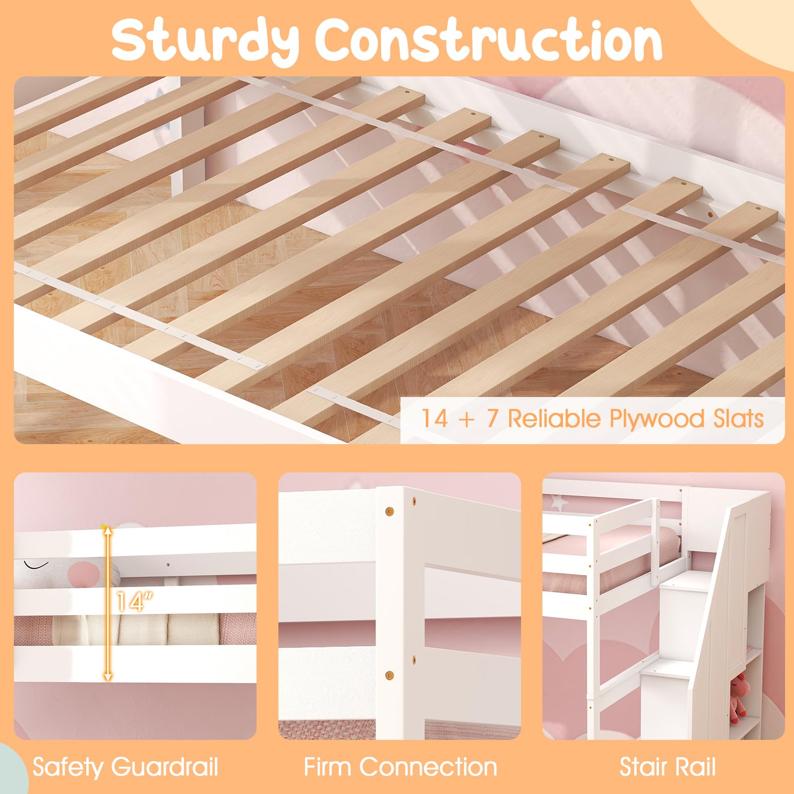 Twin Over Twin Wood Bunk Bed with Trundle & Storage Stairs, Convertible to 2 Separated Beds