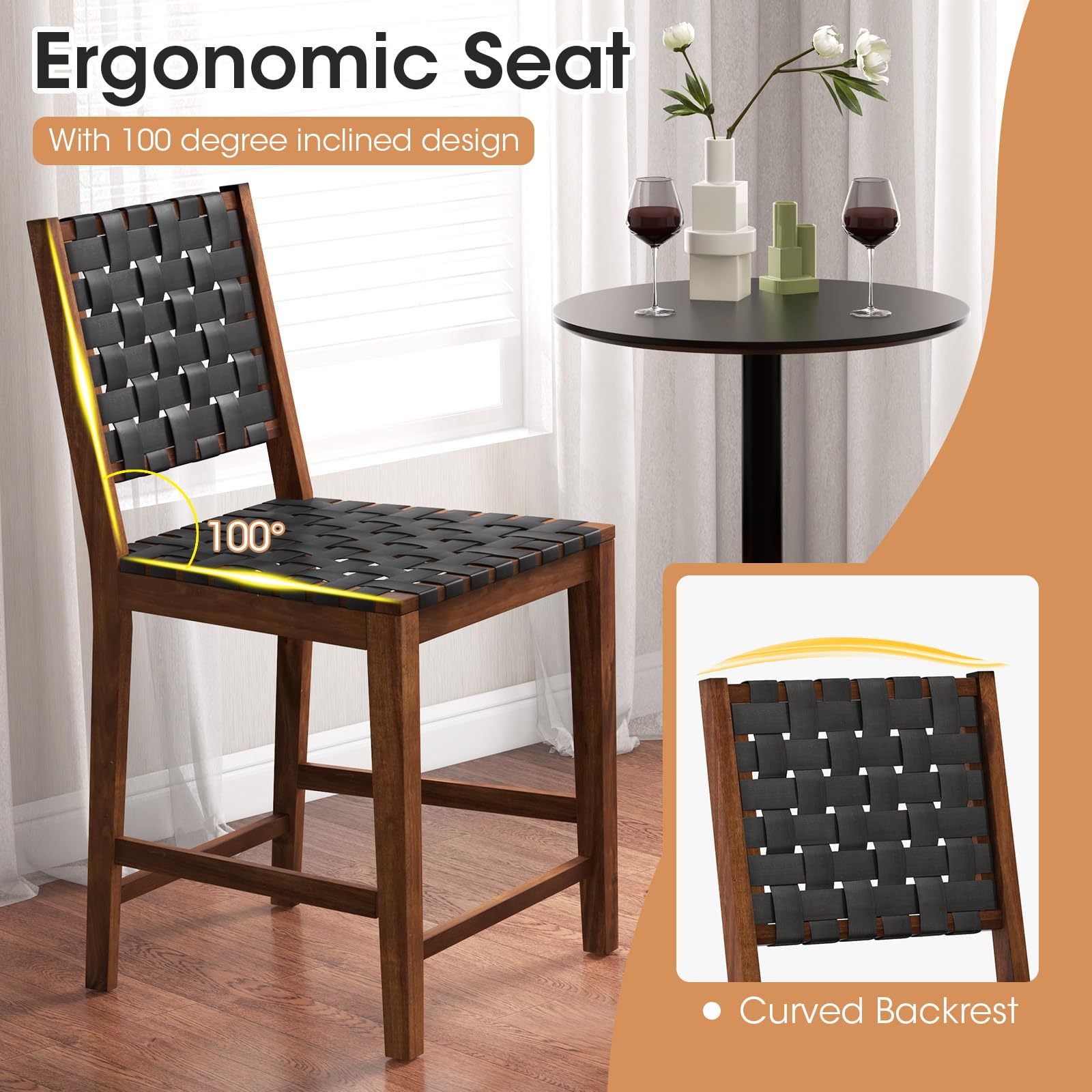 24" Counter Height Bar Stools Set of 2/4, Solid Wood Woven Rustic Barstools w/Faux PU Leather Straps