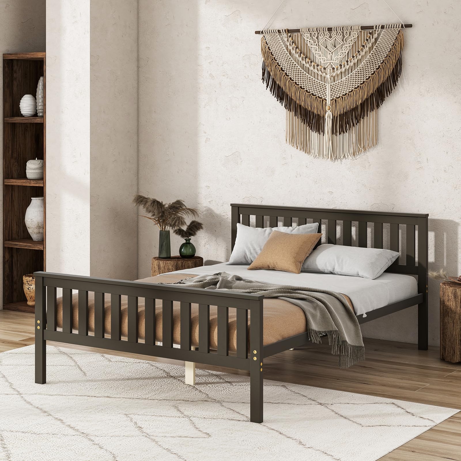Wood Platform Bed Frame with Headboard, Wooden Slats Support, 12" Under-Bed Storage Space