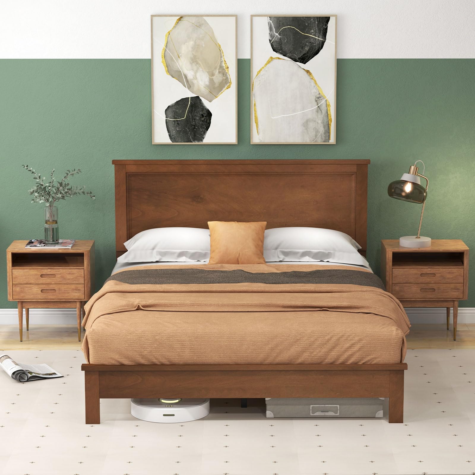 Wood Platform Bed Frame with Headboard, Mid Century Platform Bed Frame with Solid Wood Legs & Wooden Slat Support