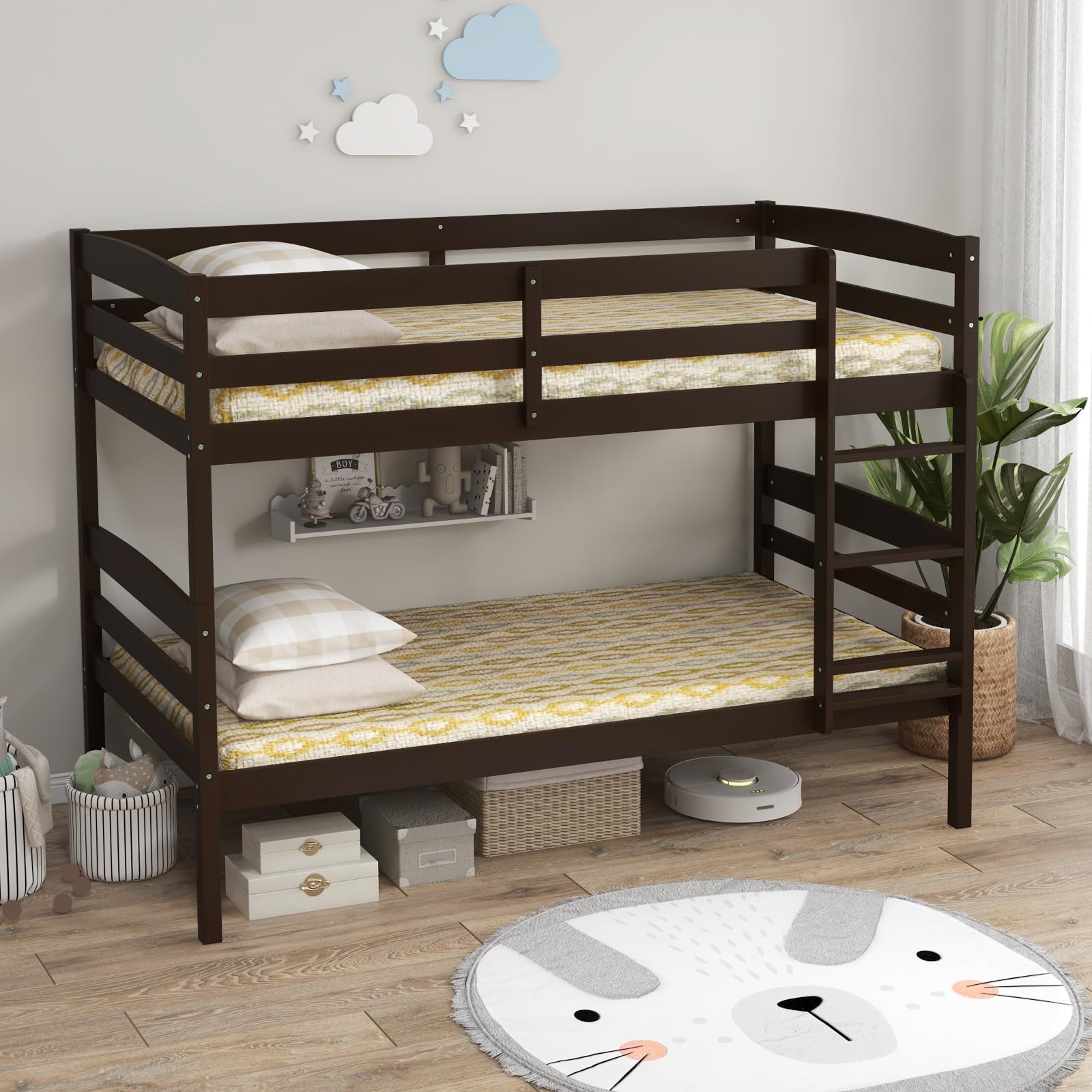 Twin Over Twin Wood Bunk Bed with Full-Length Guardrail & Integrated Ladder
