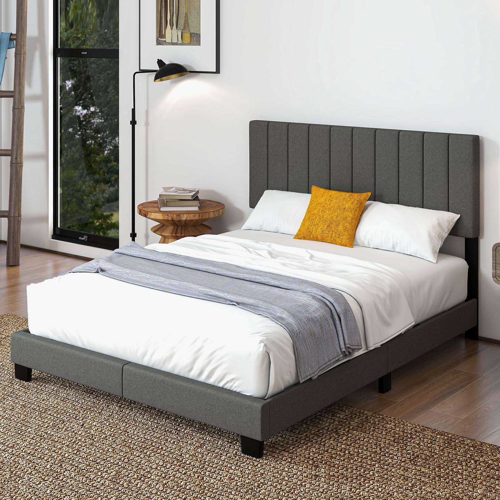 Queen Size Upholstered Bed Frame with Vertical Channel Tufted Headboard