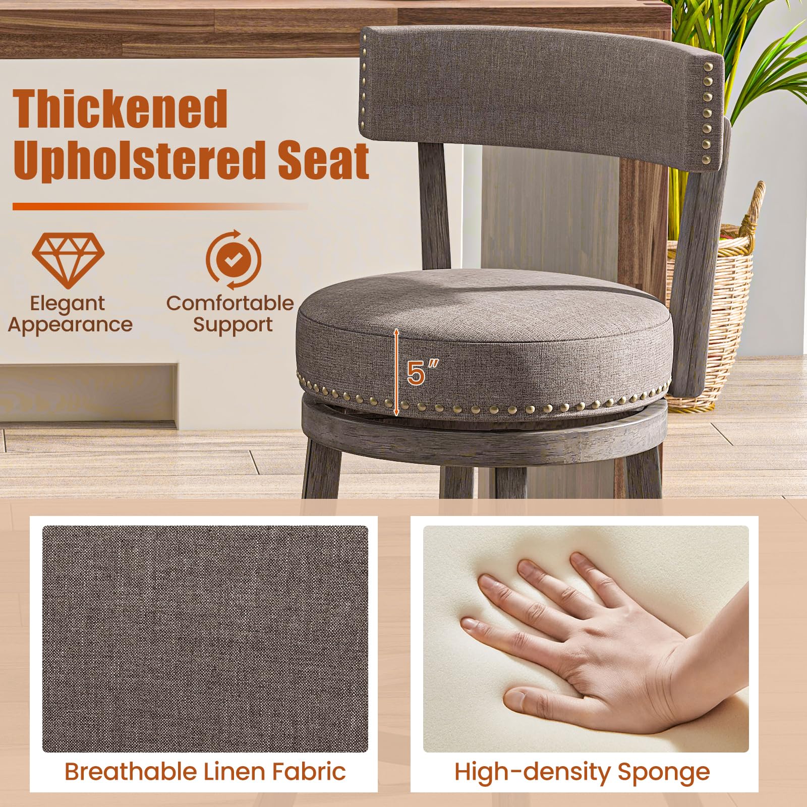 Swivel Counter Height Bar Stools Set of 2/4 with Footrest, Rubber Wood Frame