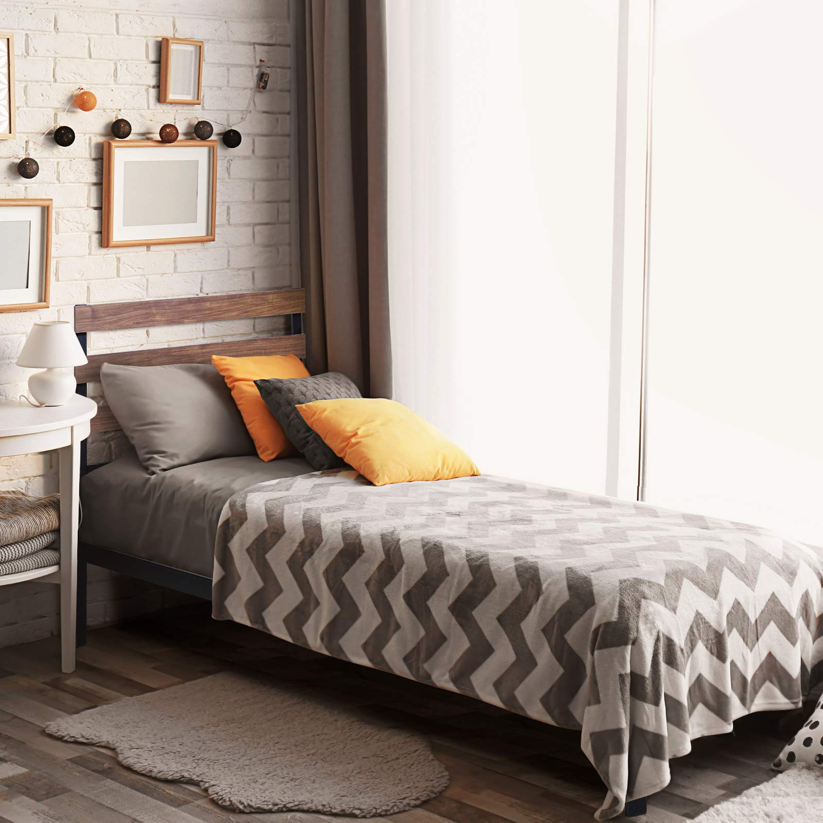 Metal Bed Frame with Wood Headboard and Slats