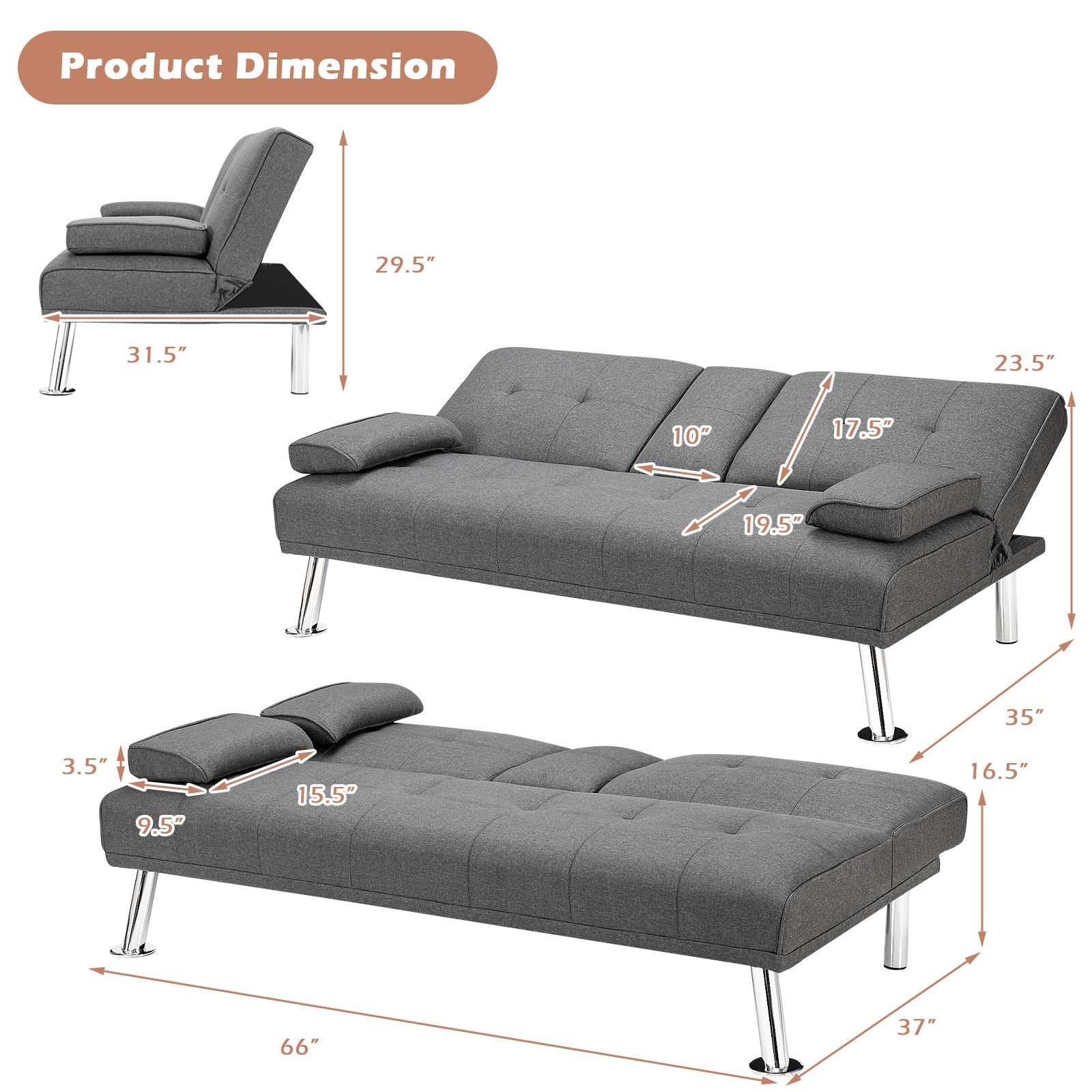 Convertible Futon Sofa Bed with Adjustable Backrest & Removable Armrests, 2 Cup Holders