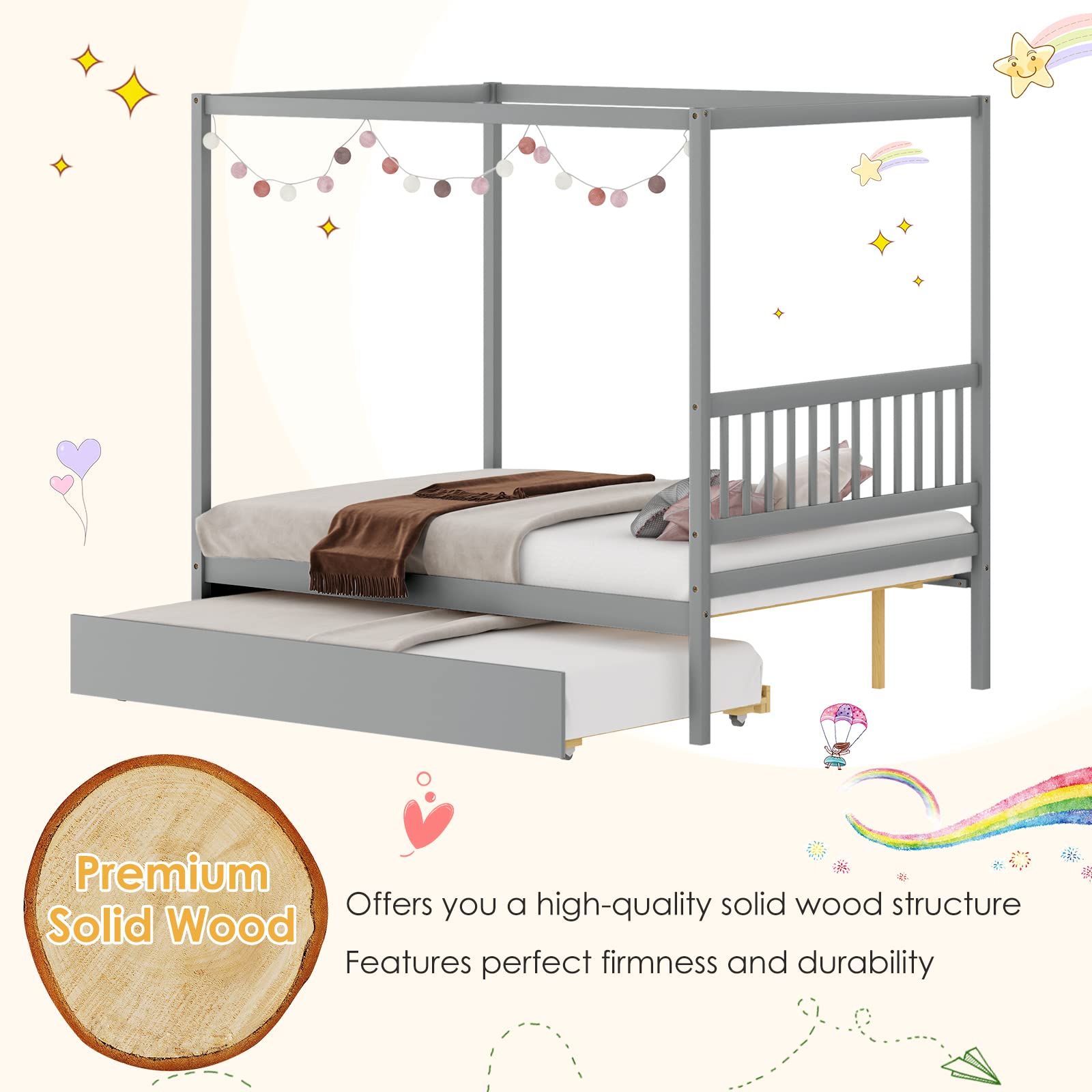 Wood Canopy Bunk Bed with Trundle, Full Size Solid Wood Platform Bed with Headboard