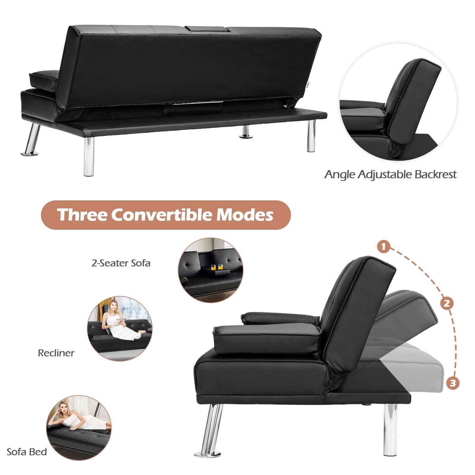 Leather Convertible Futon Sofa Bed with Removable Armrests and 2 Cup Holders