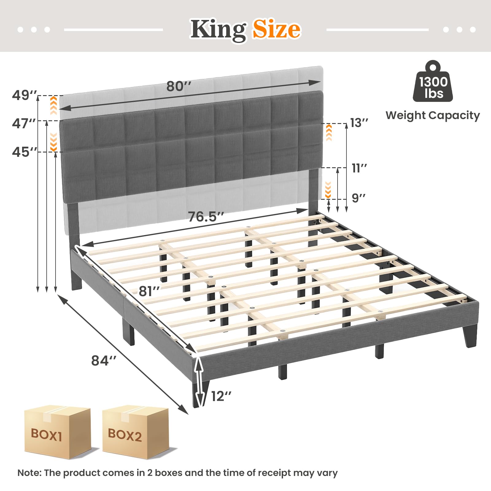 Linen Fabric Upholstered Bed Frame with Adjustable Headboard & Wooden Slat Support