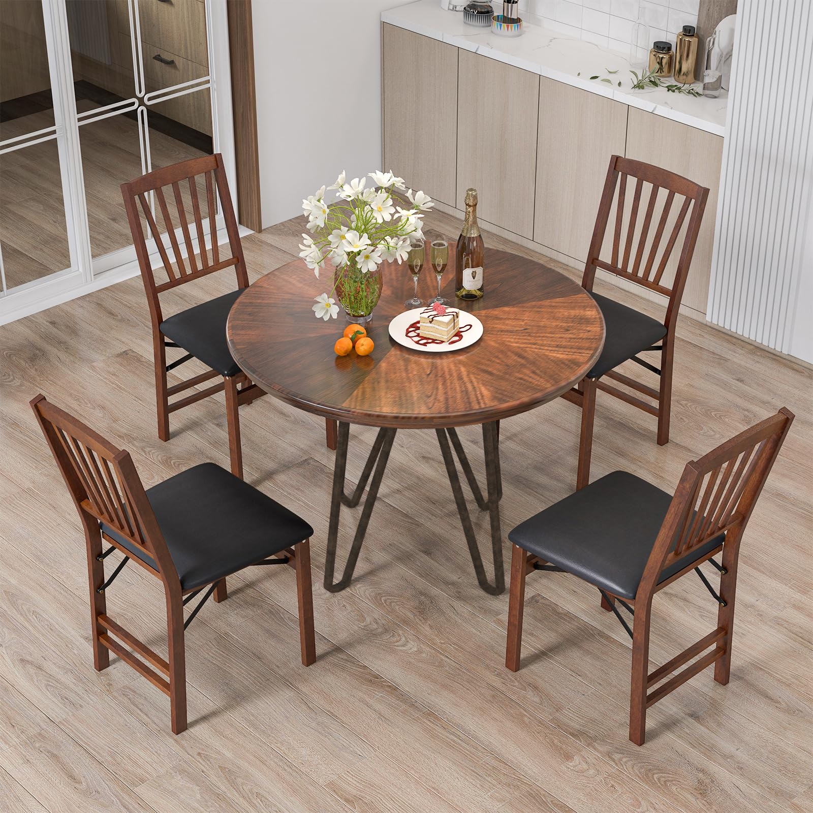 Folding Dining Chairs Set of 2/4, Foldable Wood Chairs with PVC Padded Seat & High Backrest