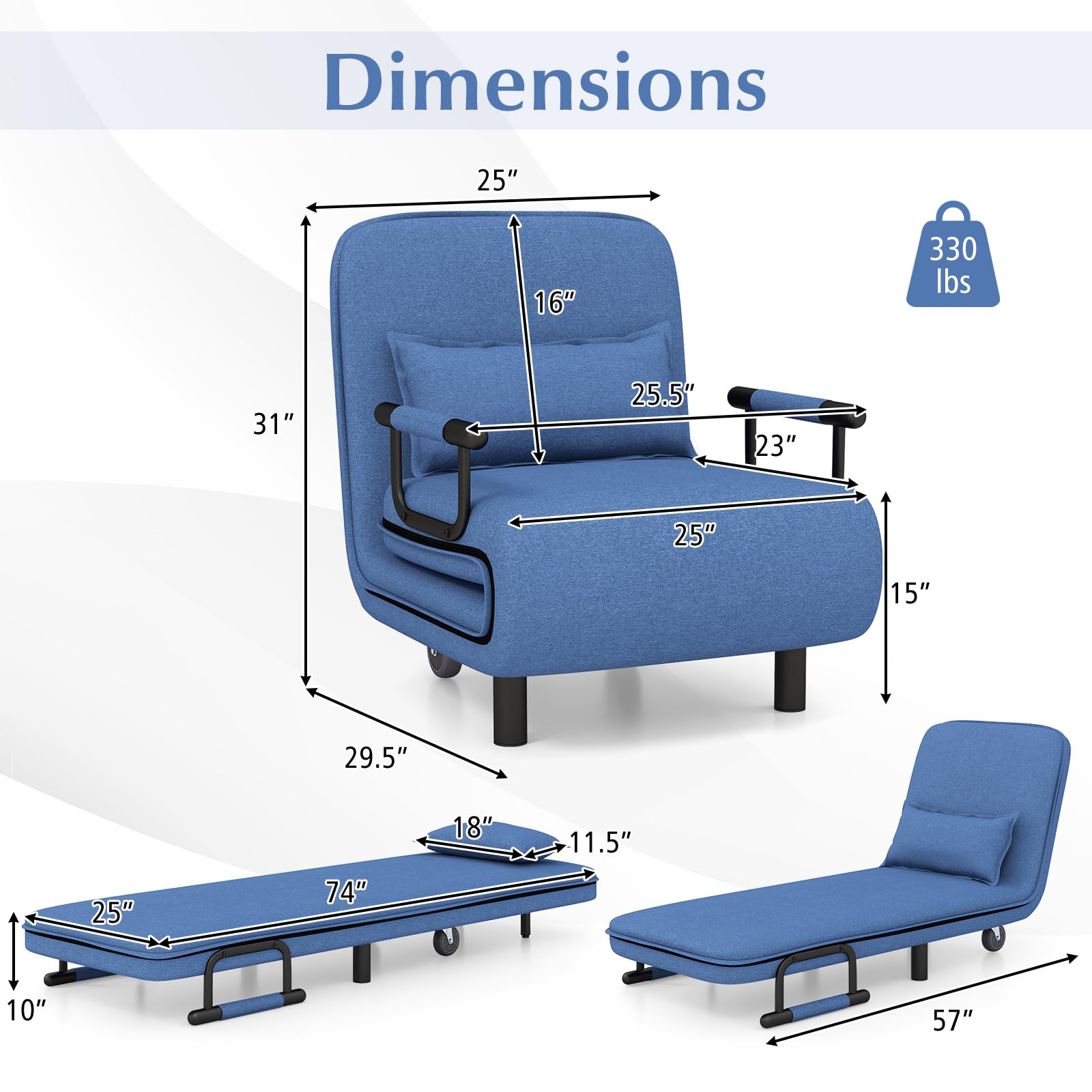 Convertible Chair Bed with 5-Position Adjustable Backrest & Lumbar Pillow, 2 Hidden Metal Legs & 2 Lockable Casters